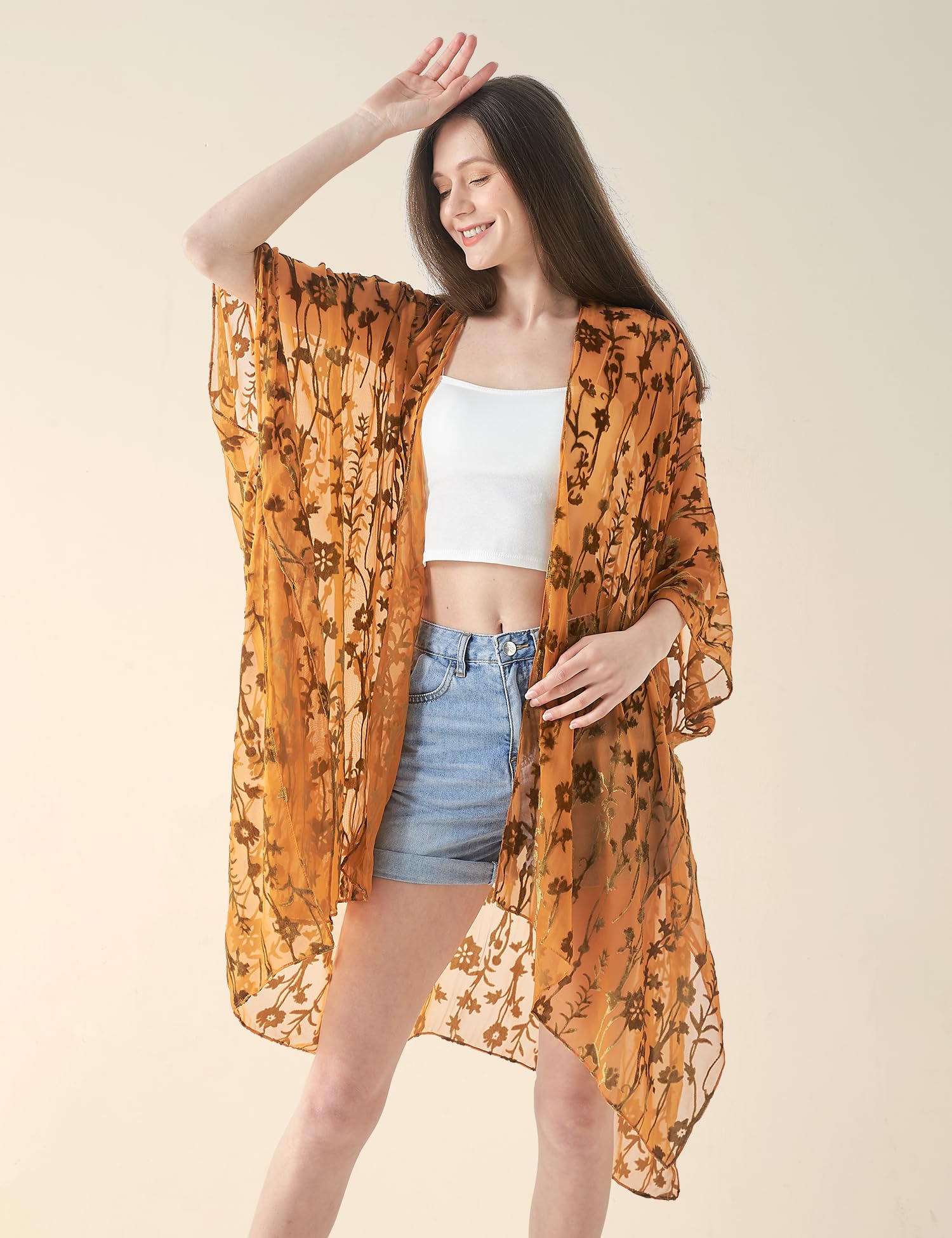 Women's Burnout Velvet Kimono Long Cardigan Cover Up Casual Outfit