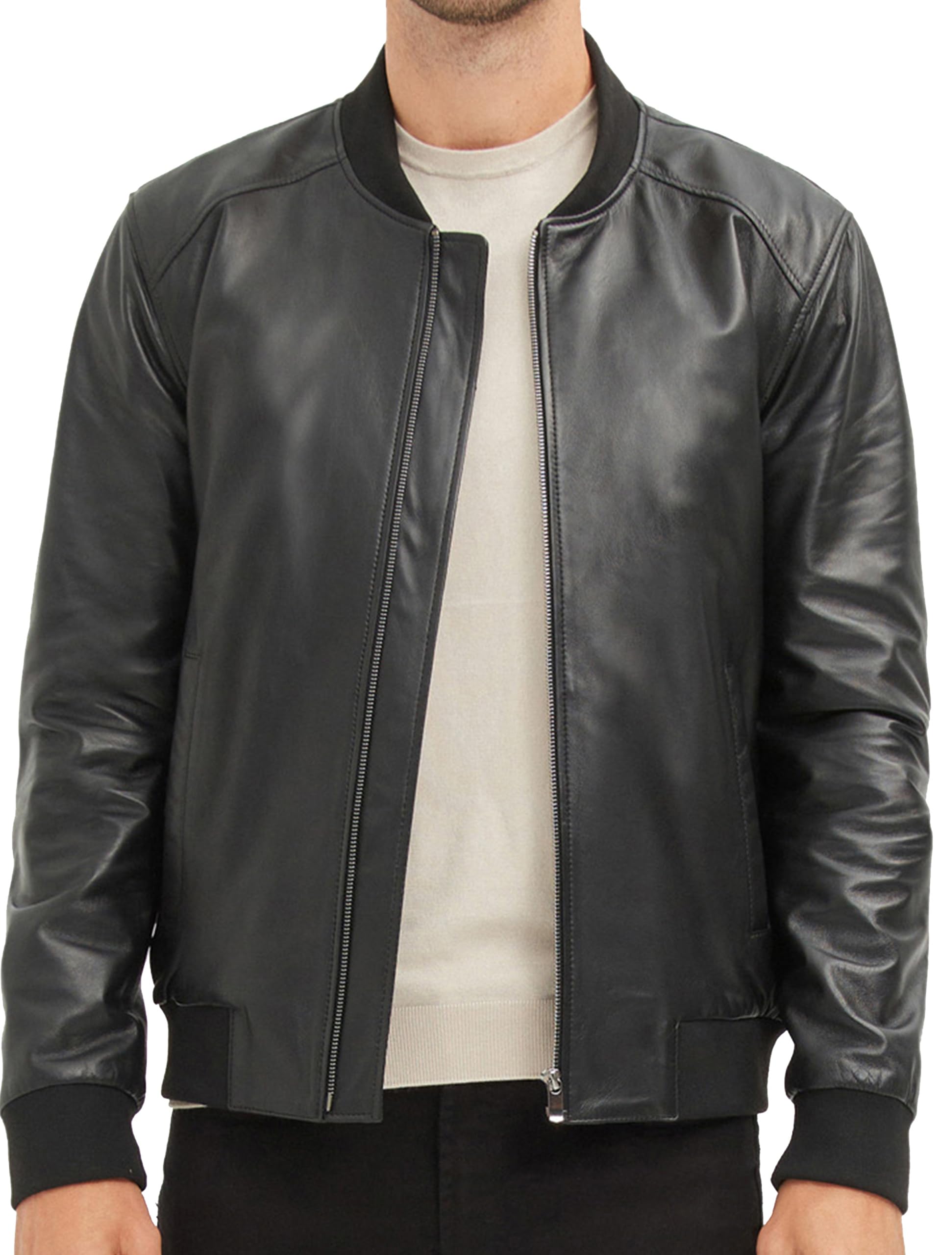 Bigardini Men's Leather Bomber Jacket - Genuine Lambskin Leather Jacket for Men - Black