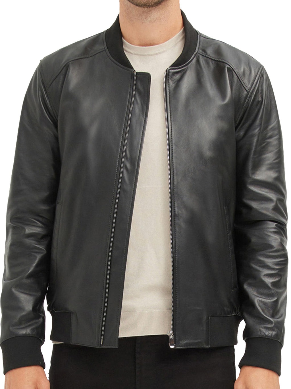 Bigardini Men's Leather Bomber Jacket - Genuine Lambskin Leather Jacket for Men - Black