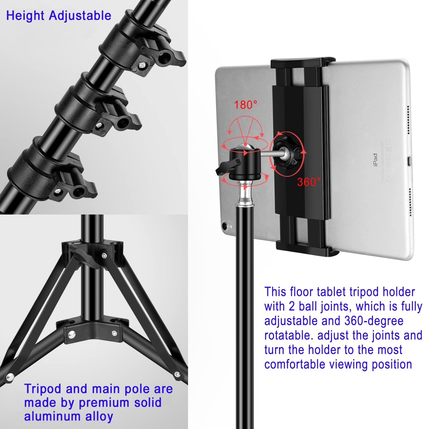 Ipad Tripod Stand, with 65 inch Height Adjustable iPad Stand Holder & iPad Floor Stand with 360° Rotating iPad Tripod Mount for iPad Pro, iPhone, Kindle, and All 4.5-12.9 Inch Tablets