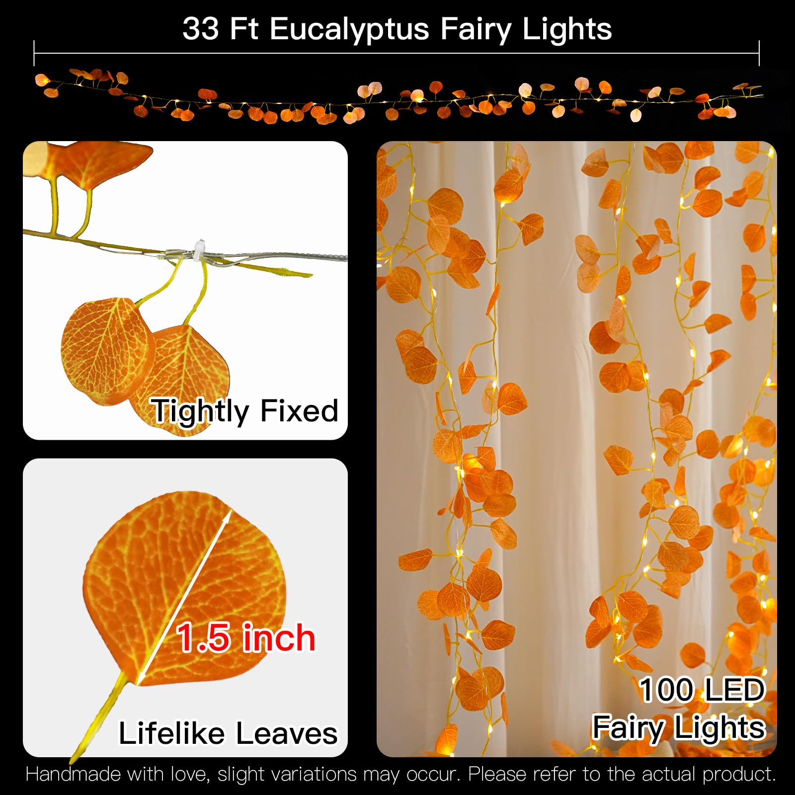 suddus Vine with Fairy Lights Battery Operated, 33ft 100 LED Maple Leaf String Lights with Remote, Dimmable Fall Garland with Lights for Bedroom Wall Indoor Outdoor Thanksgiving Decor (Warm White)