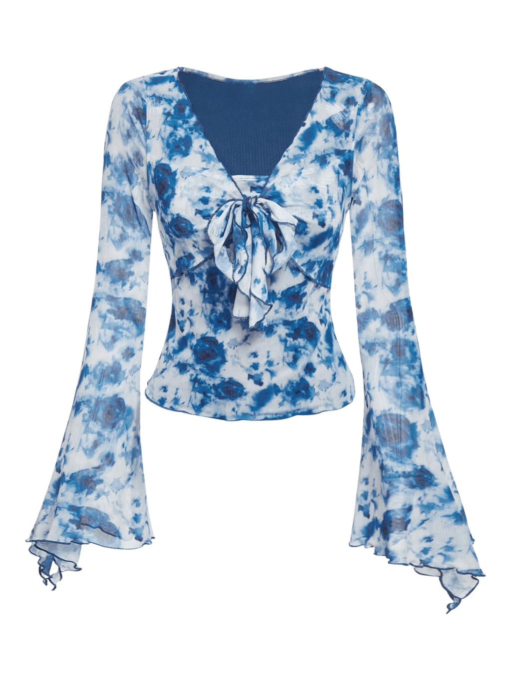 Verdusa Women's Y2K Tie Front Tops Bell Sleeve Floral Print Mesh Tops Long Sleeve Shirts 2000s Clothing