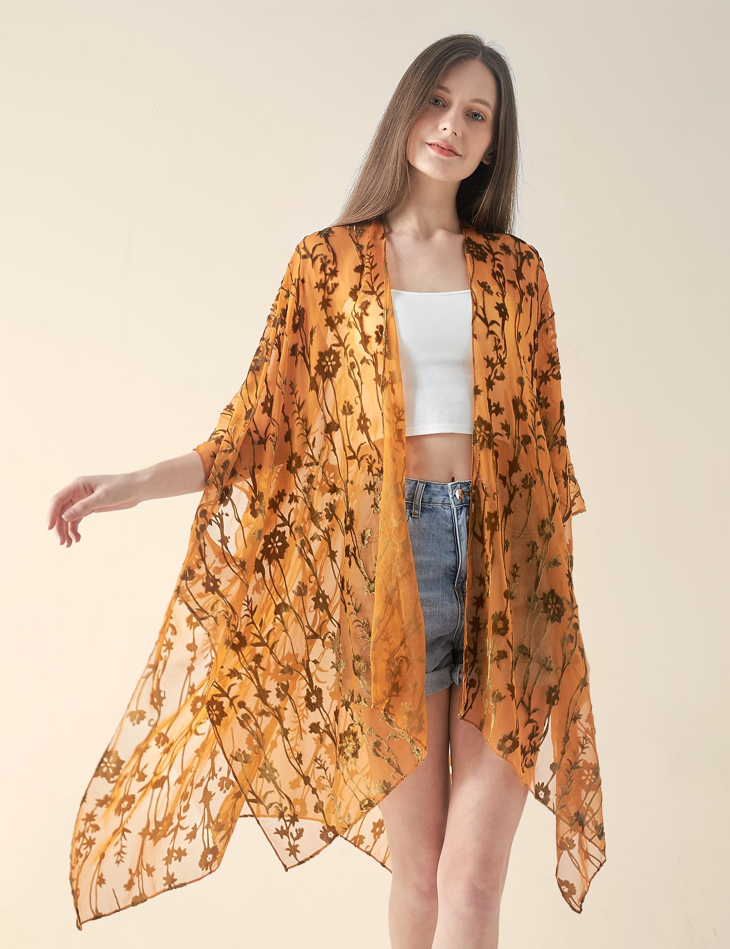 Women's Burnout Velvet Kimono Long Cardigan Cover Up Casual Outfit