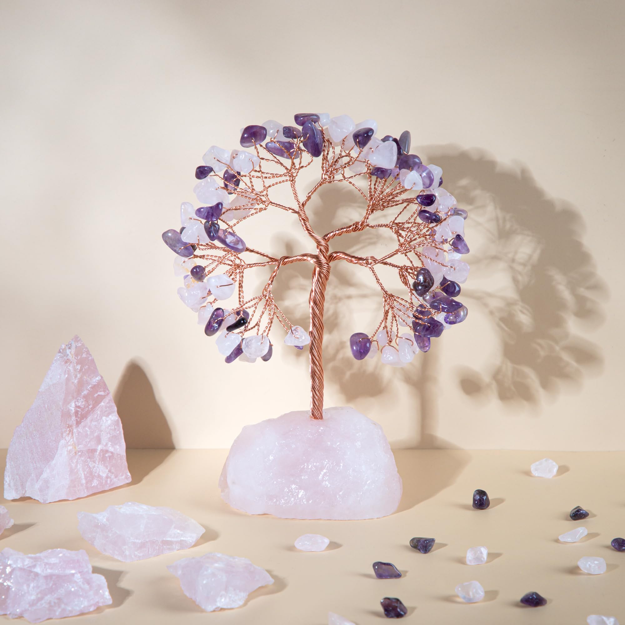 ZenBless 7 Chakra Healing Crystals Stones Tree, Amethyst, Pink Crystal, Aquamarine Leaf Wire Wrapped on Natural Agate Slice Base, Home Office Desk Living Room Feng Shui Decoration for Luck