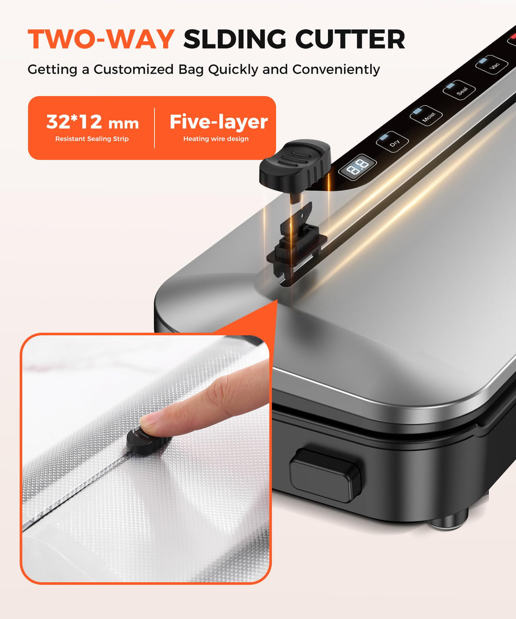 75KPa Food Vacuum Sealer,Light 6-in-1 Dry/Moist Modes with Digital Timer,Ft cu Built-in Cutter, Compact Design, Large Includes 10 Bags (Sliver) 14.8