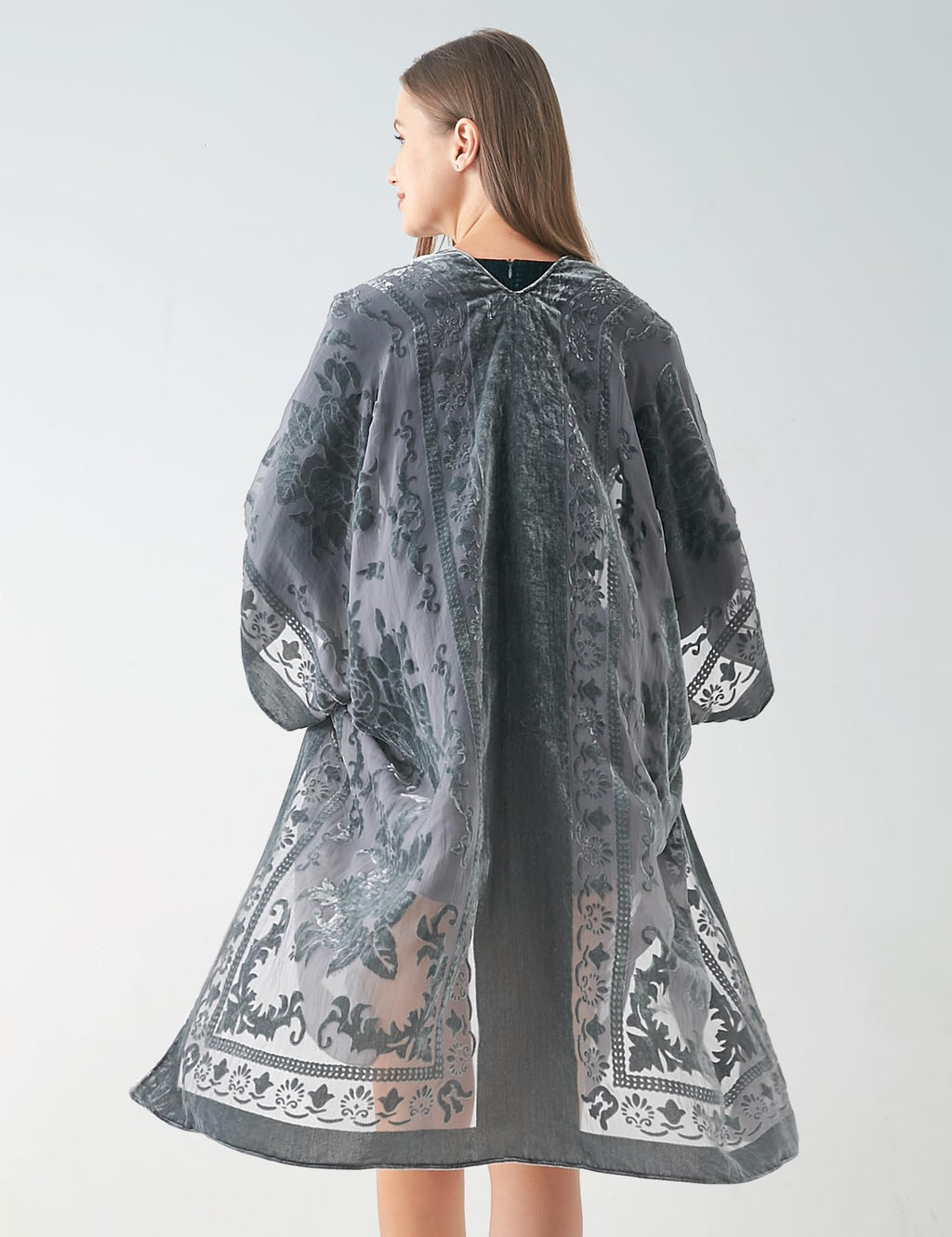 Women's Burnout Velvet Kimono Long Cardigan Cover Up Casual Outfit