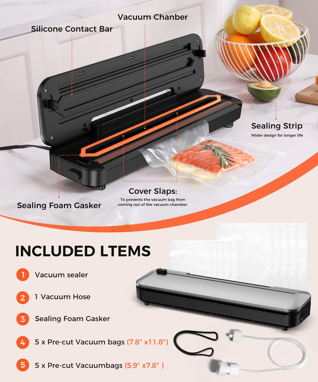 75KPa Food Vacuum Sealer,Light 6-in-1 Dry/Moist Modes with Digital Timer,Ft cu Built-in Cutter, Compact Design, Large Includes 10 Bags (Sliver) 14.8