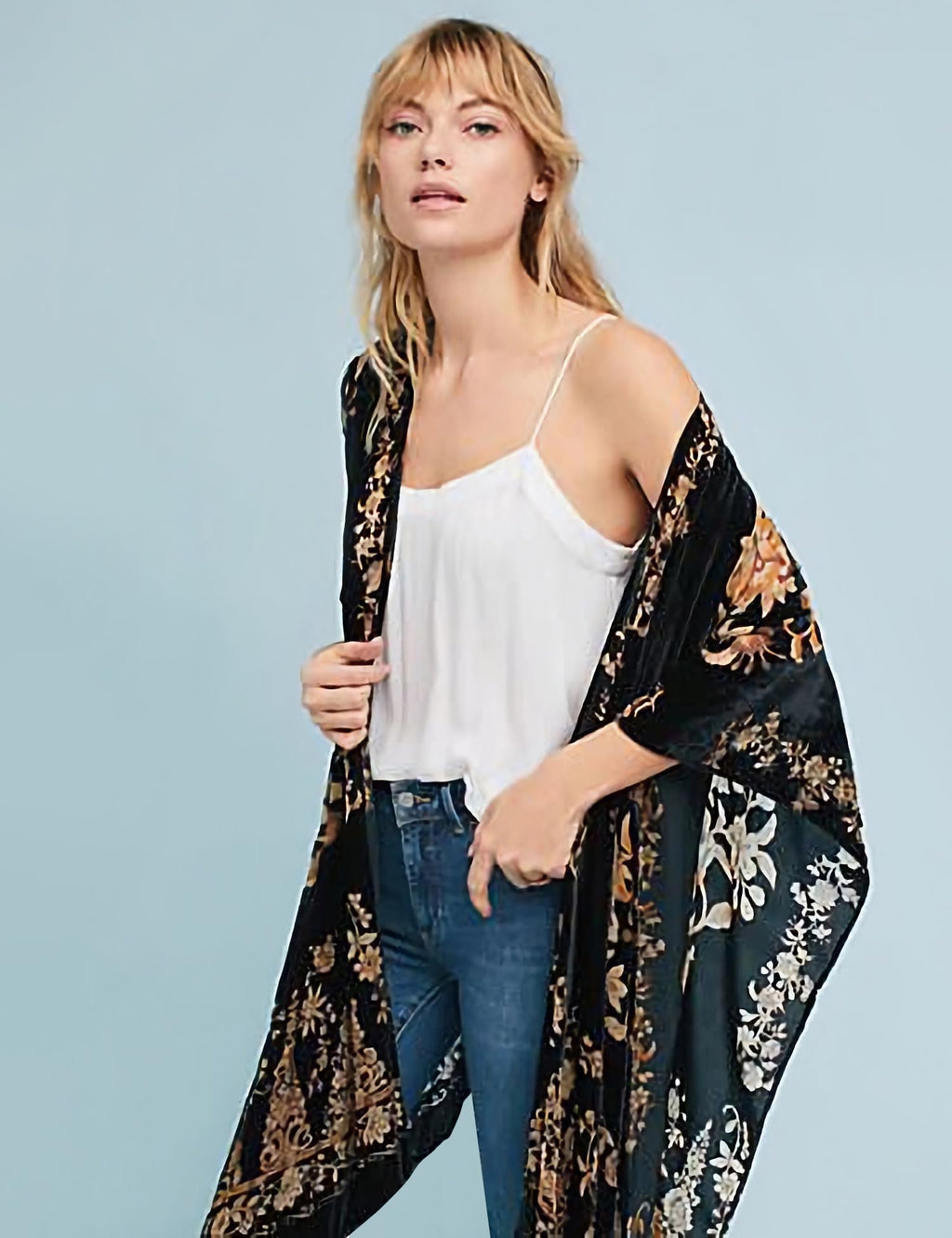 Women's Burnout Velvet Kimono Long Cardigan Cover Up Casual Outfit