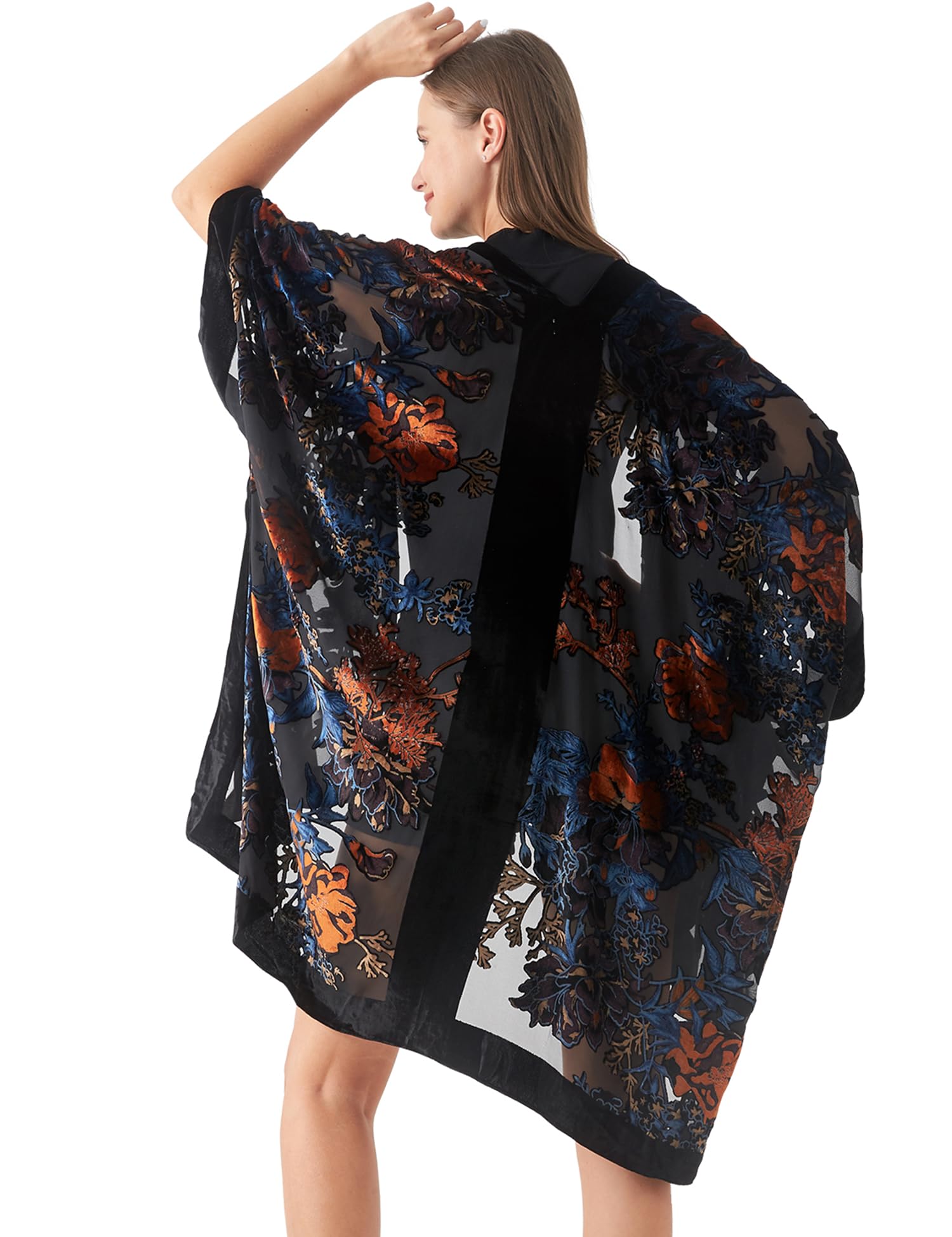 Women's Burnout Velvet Kimono Long Cardigan Cover Up Casual Outfit