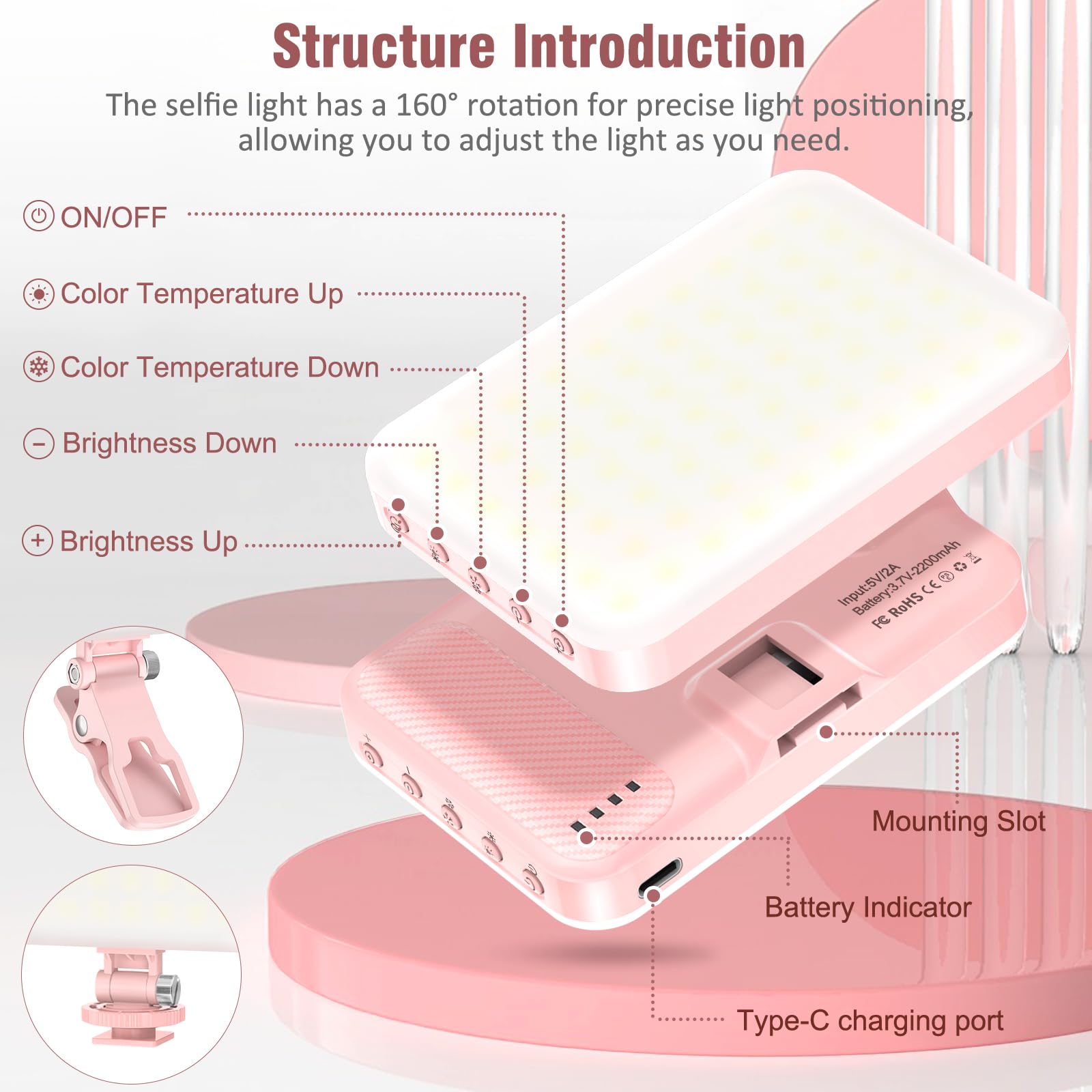 ALTSON 60 LED Portable Selfie Light Video Conference Lighting with Clip & Camera Tripod Adapter Rechargeable 2200mAh CRI 97+, 3 Light Modes for Phone iPhone Webcam Laptop Photo Makeup