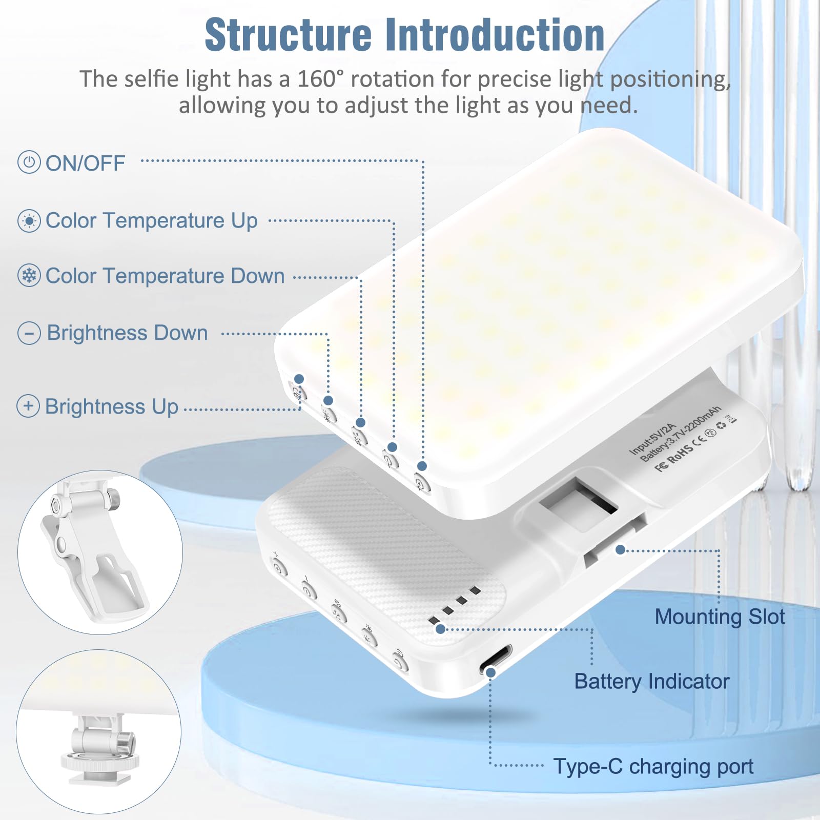 ALTSON 60 LED Portable Selfie Light Video Conference Lighting with Clip & Camera Tripod Adapter Rechargeable 2200mAh CRI 97+, 3 Light Modes for Phone iPhone Webcam Laptop Photo Makeup