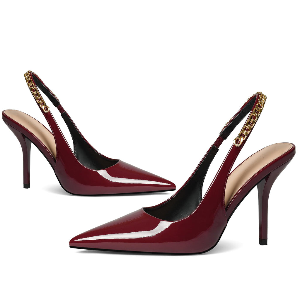 iiimmu Women's Stiletto Heels Closed Pointed Toe 4 in Heels for Women Patent Leather Pumps with Chain Wedding Party Dress Prom Heels Slingback Pumps