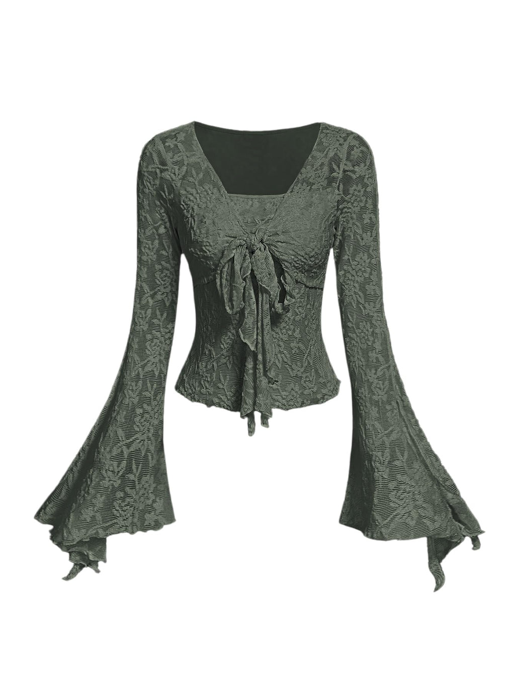 Verdusa Women's Y2K Tie Front Tops Bell Sleeve Floral Print Mesh Tops Long Sleeve Shirts 2000s Clothing