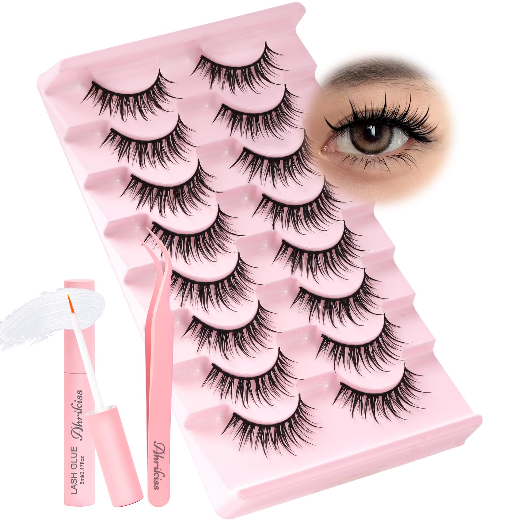Ahrikiss Lashes Wispy False Eyelashes Natural Look Cat Eye Lashes 8 Pairs Faux Mink Lashes Lightweight Eyelashes Kit with Lash Glue and Lash Tweezers Soft Fake Lashes (Ethereal)