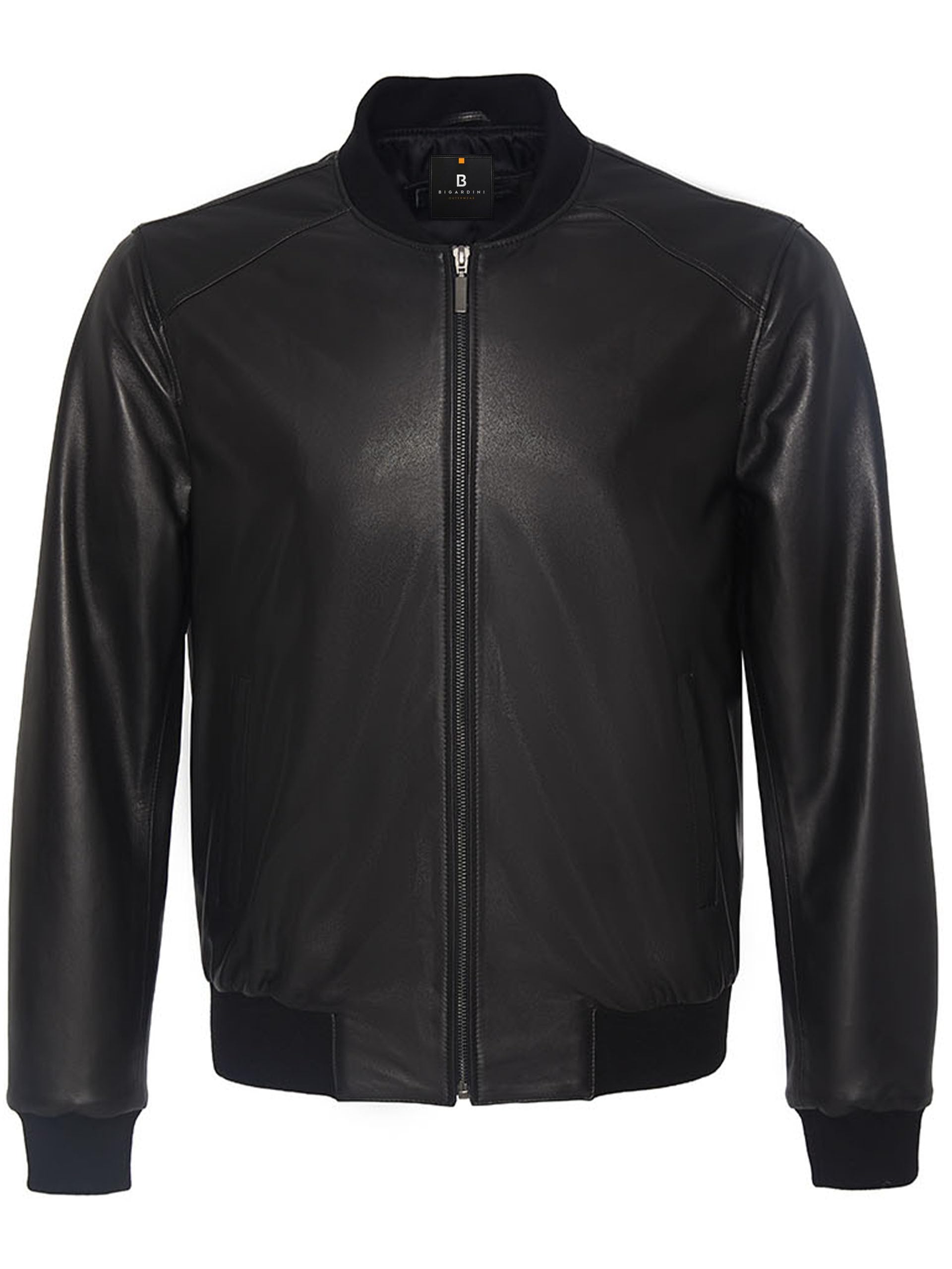 Bigardini Men's Leather Bomber Jacket - Genuine Lambskin Leather Jacket for Men - Black