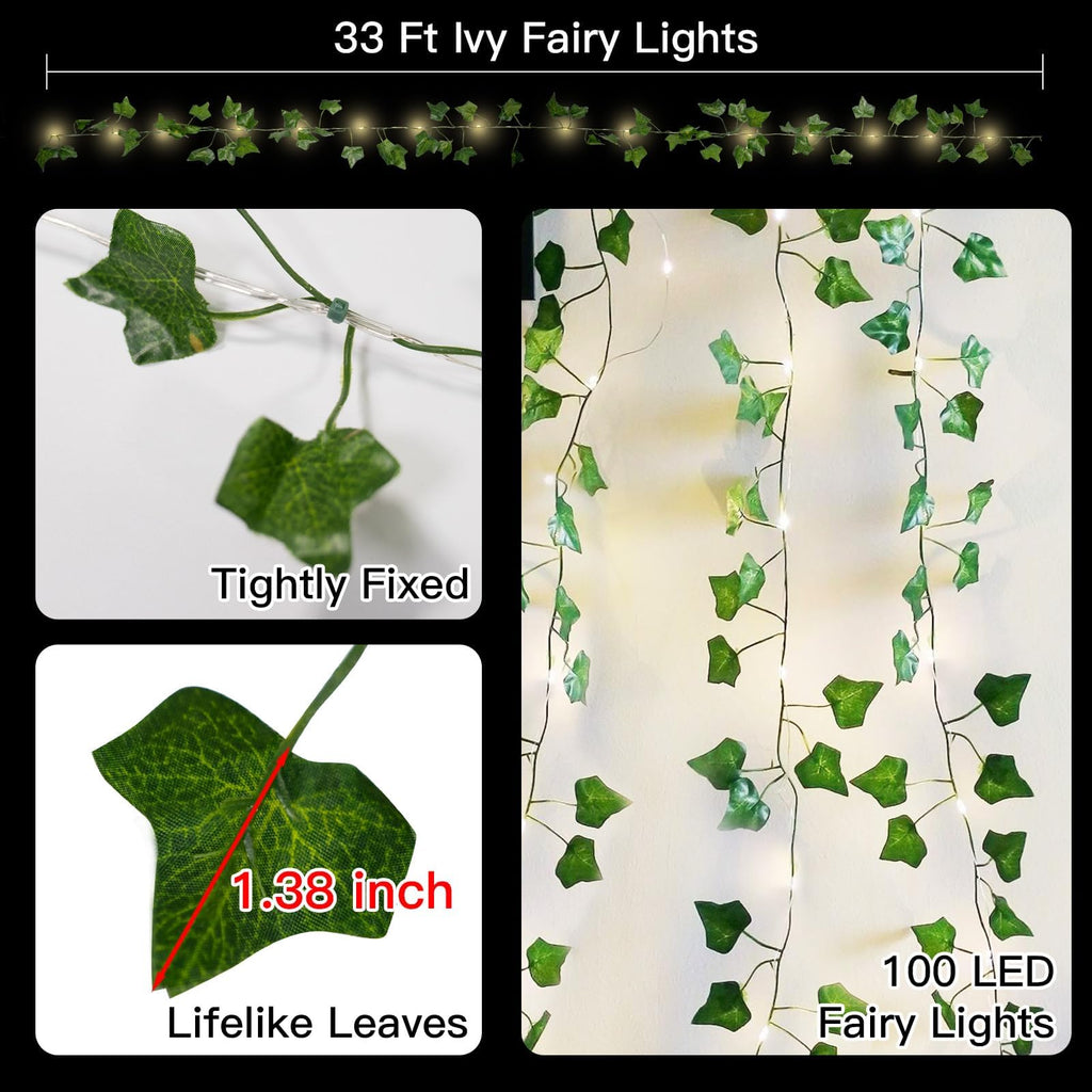 suddus Vine with Fairy Lights Battery Operated, 33ft 100 LED Maple Leaf String Lights with Remote, Dimmable Fall Garland with Lights for Bedroom Wall Indoor Outdoor Thanksgiving Decor (Warm White)