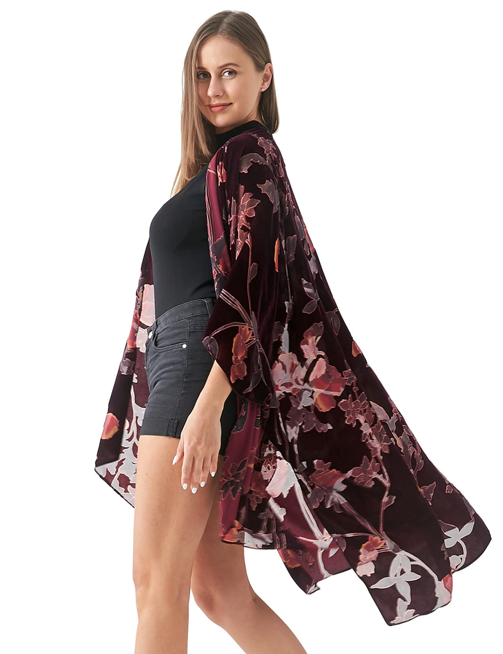 Women's Burnout Velvet Kimono Long Cardigan Cover Up Casual Outfit