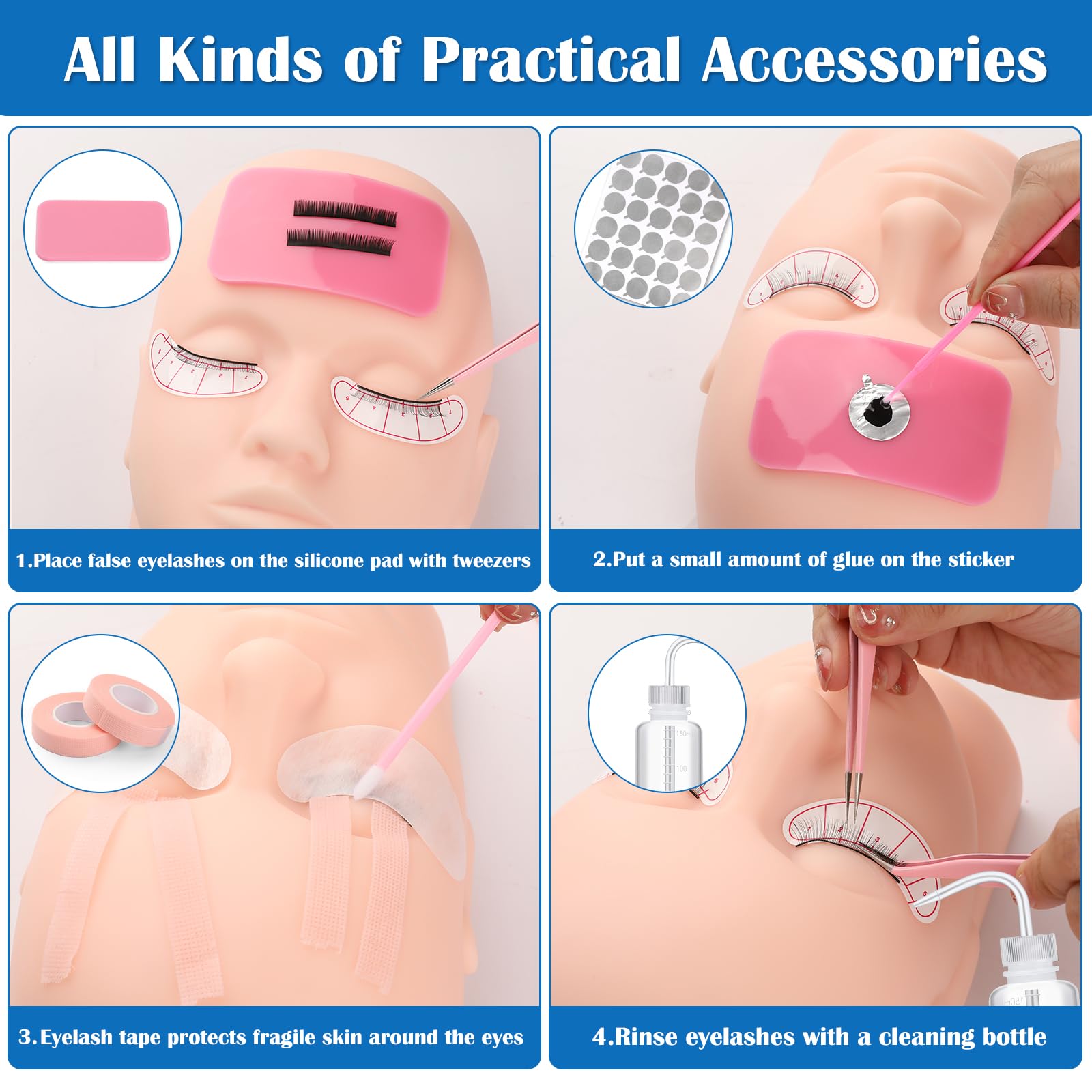 Eyelash Extension Kit for Beginners, Professional Lash Extension Kit with Mannequin Head, Lash Starter Kit with Lash Fan, Lash Extension Supplies for Practice Training Kit