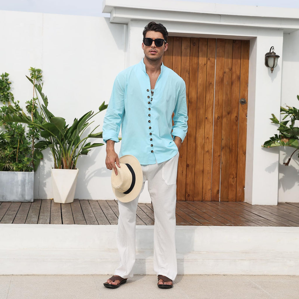 Puimentiua Cotton Linen Pants Men Casual Loose Fit Elastic Drawstring Waist Summer Beach Pants