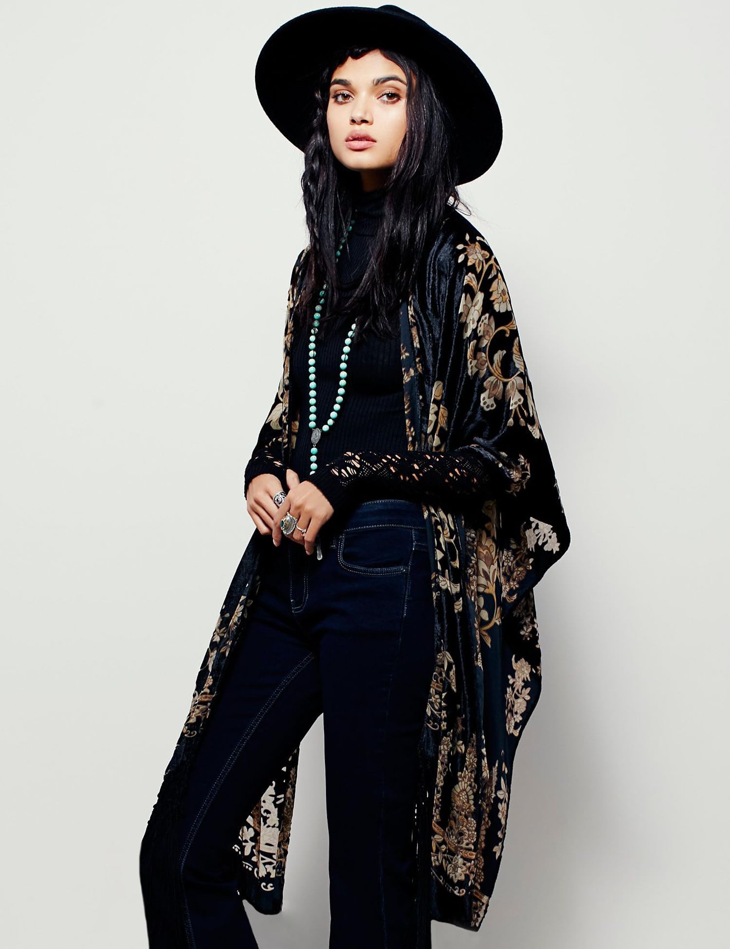 Women's Burnout Velvet Kimono Long Cardigan Cover Up Casual Outfit