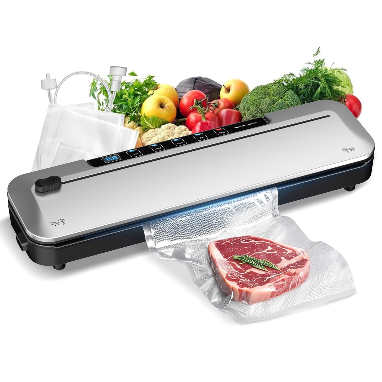 75KPa Food Vacuum Sealer,Light 6-in-1 Dry/Moist Modes with Digital Timer,Ft cu Built-in Cutter, Compact Design, Large Includes 10 Bags (Sliver) 14.8