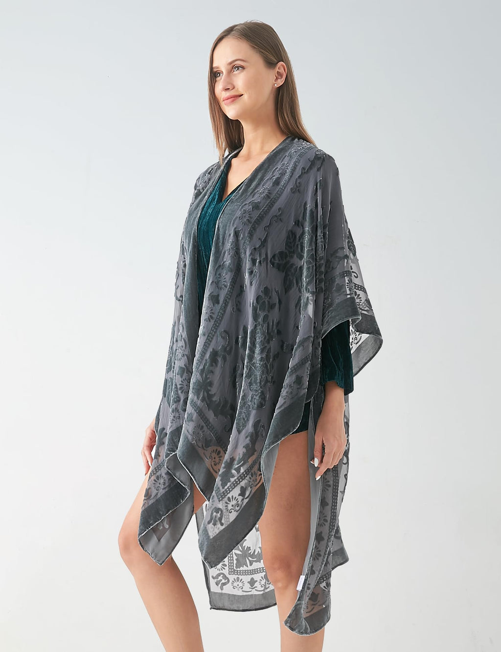 Women's Burnout Velvet Kimono Long Cardigan Cover Up Casual Outfit