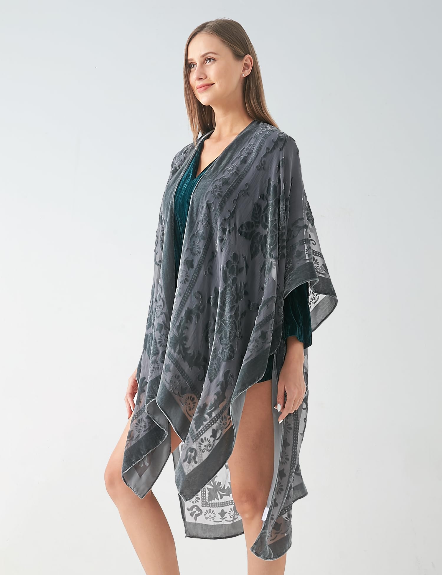 Women's Burnout Velvet Kimono Long Cardigan Cover Up Casual Outfit
