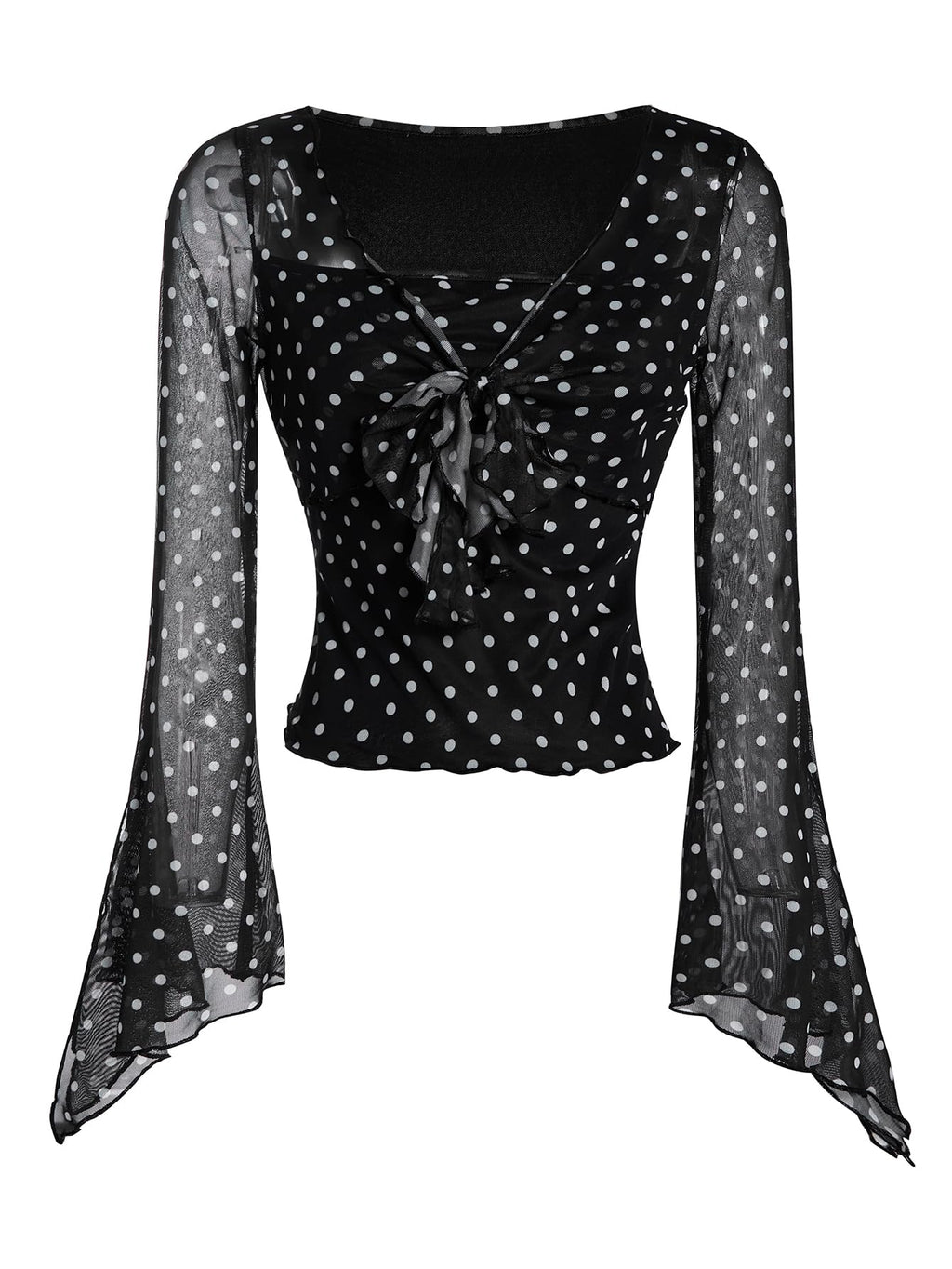 Verdusa Women's Y2K Tie Front Tops Bell Sleeve Floral Print Mesh Tops Long Sleeve Shirts 2000s Clothing