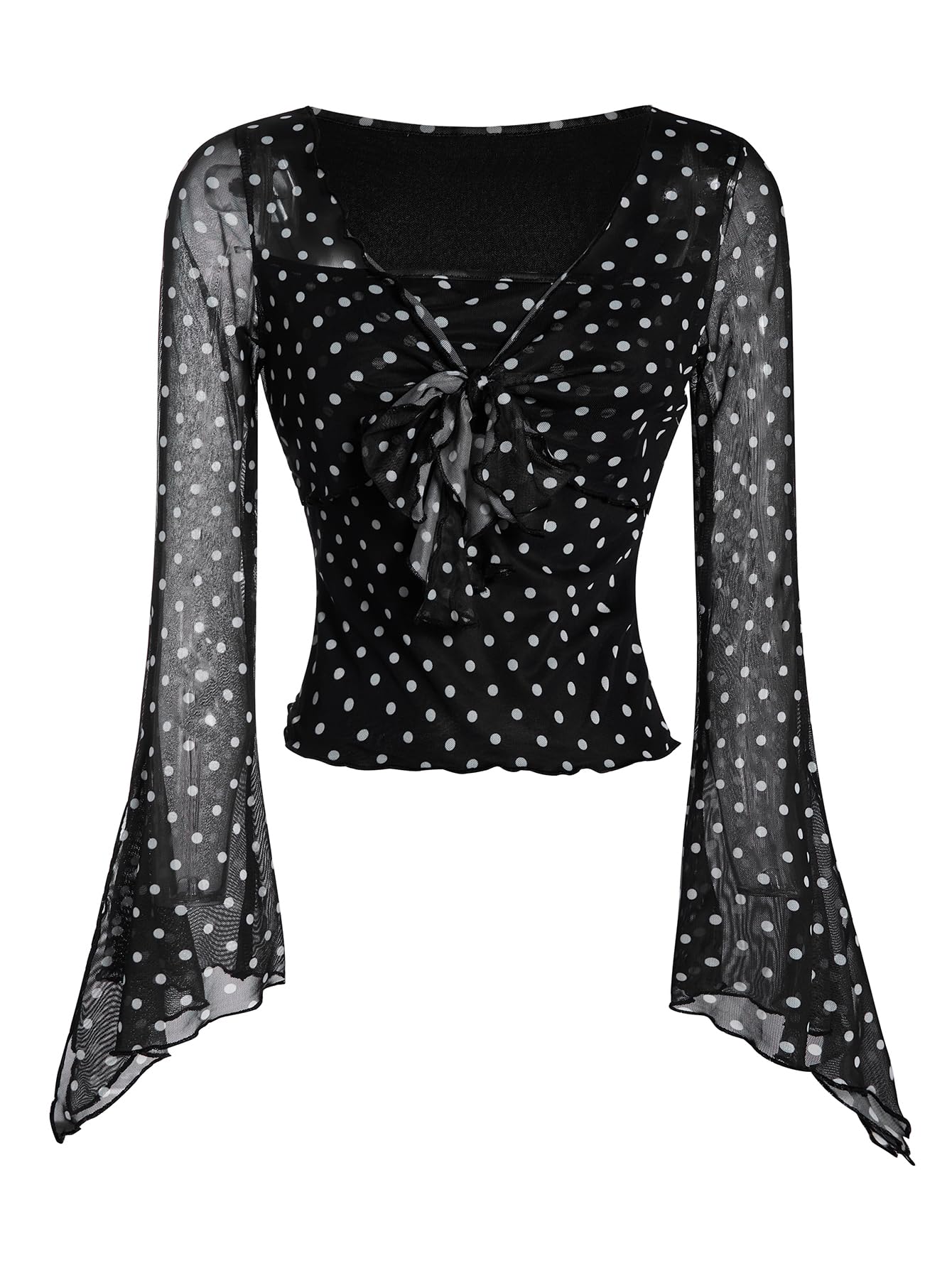 Verdusa Women's Y2K Tie Front Tops Bell Sleeve Floral Print Mesh Tops Long Sleeve Shirts 2000s Clothing