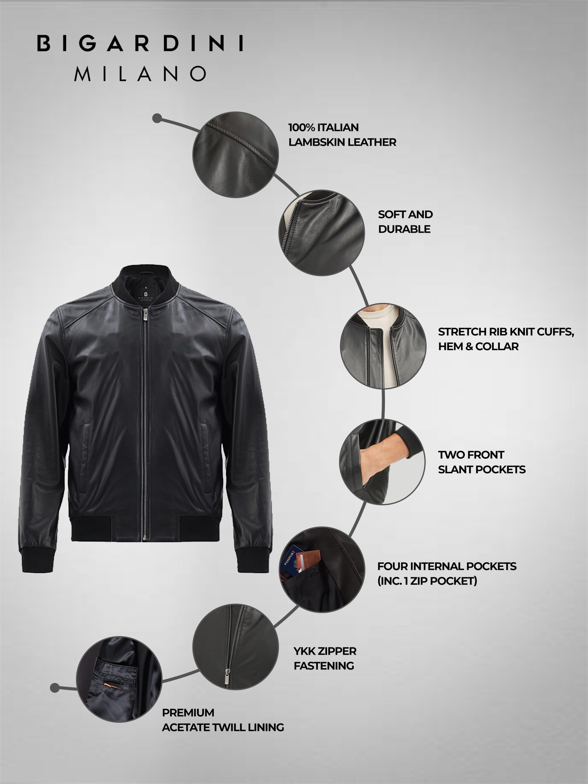 Bigardini Men's Leather Bomber Jacket - Genuine Lambskin Leather Jacket for Men - Black