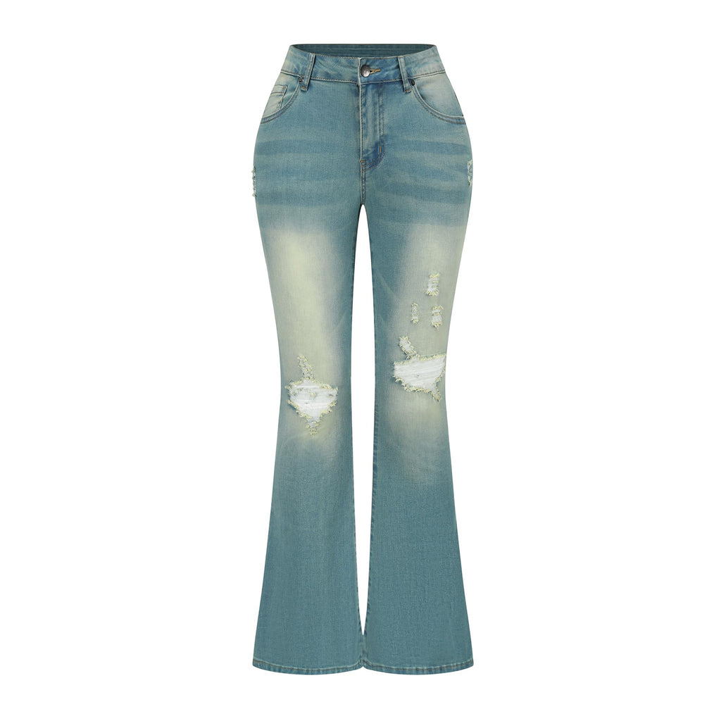 THUNDER STAR Womens Stretchy Mid Rise Flare Jeans Distressed Denim Bell Bottom Pants
