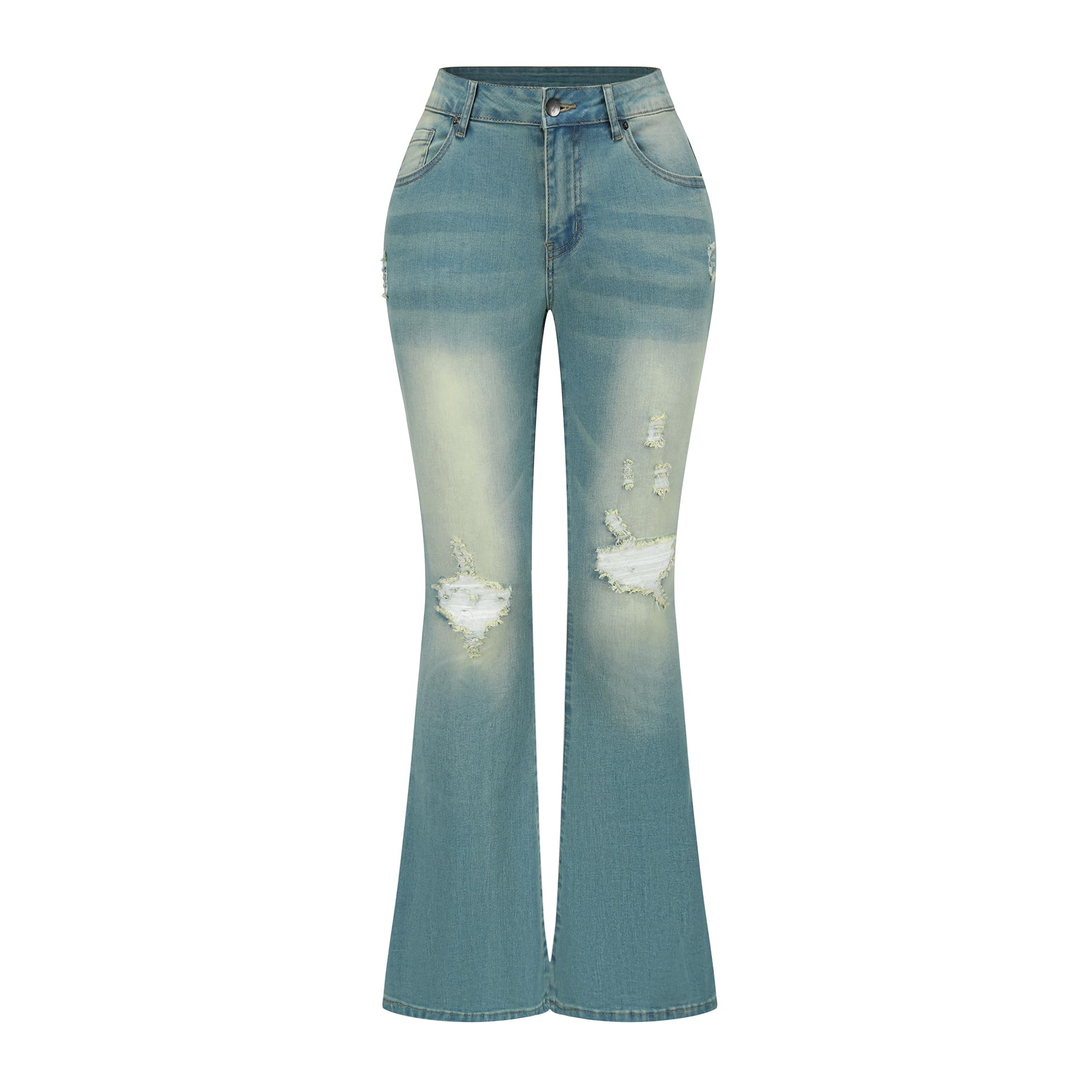 THUNDER STAR Womens Stretchy Mid Rise Flare Jeans Distressed Denim Bell Bottom Pants