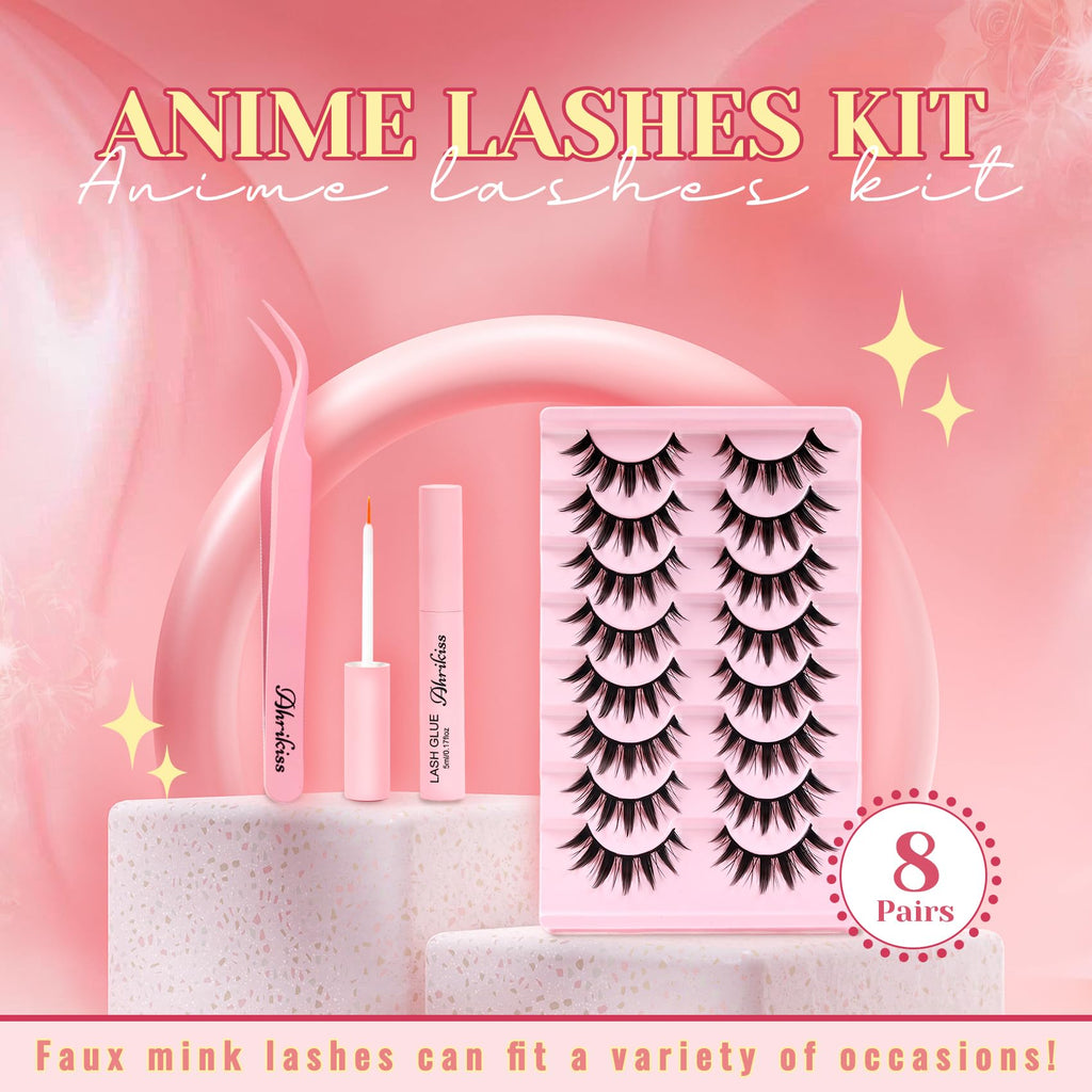 Ahrikiss Lashes Wispy False Eyelashes Natural Look Cat Eye Lashes 8 Pairs Faux Mink Lashes Lightweight Eyelashes Kit with Lash Glue and Lash Tweezers Soft Fake Lashes (Ethereal)