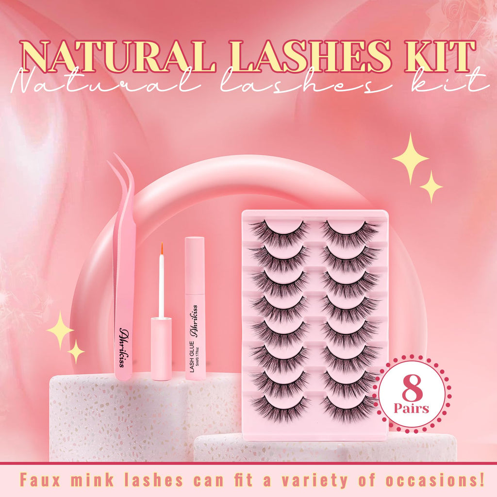 Ahrikiss Lashes Wispy False Eyelashes Natural Look Cat Eye Lashes 8 Pairs Faux Mink Lashes Lightweight Eyelashes Kit with Lash Glue and Lash Tweezers Soft Fake Lashes (Ethereal)