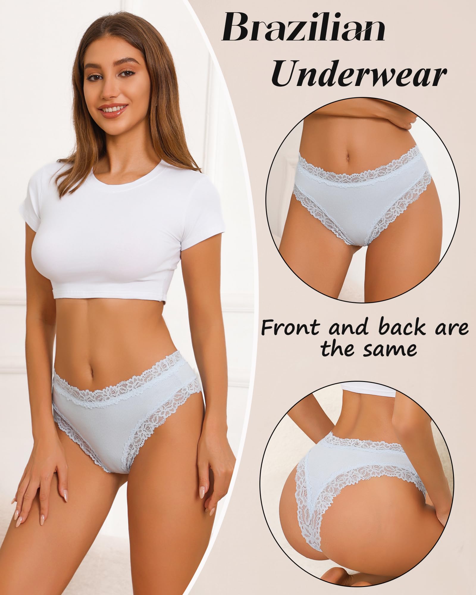 Sth Big Womens Cotton Underwear Sexy Lace Brazilian Panties Soft Breathable Cotton Bikini for Ladies 6 Pack