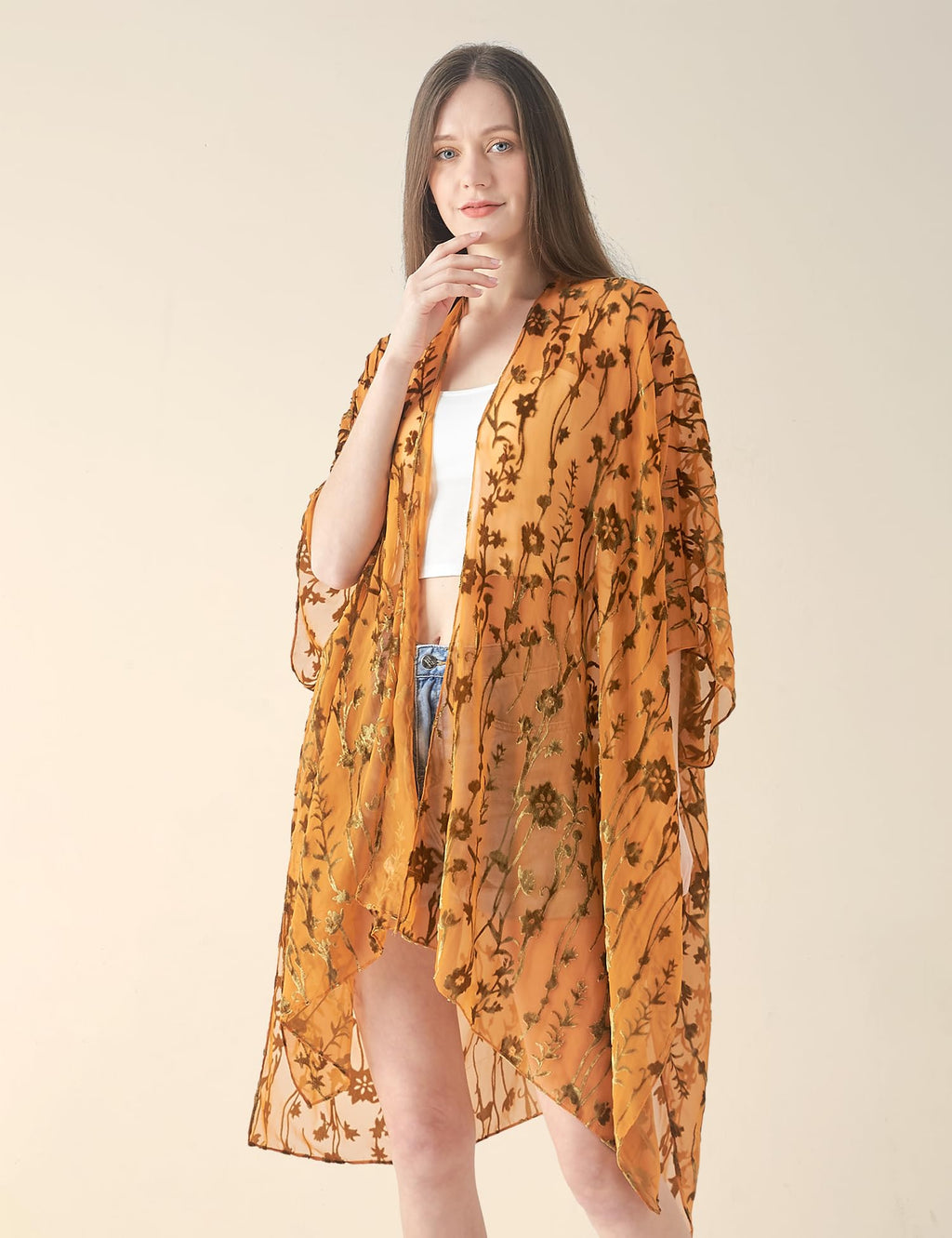 Women's Burnout Velvet Kimono Long Cardigan Cover Up Casual Outfit
