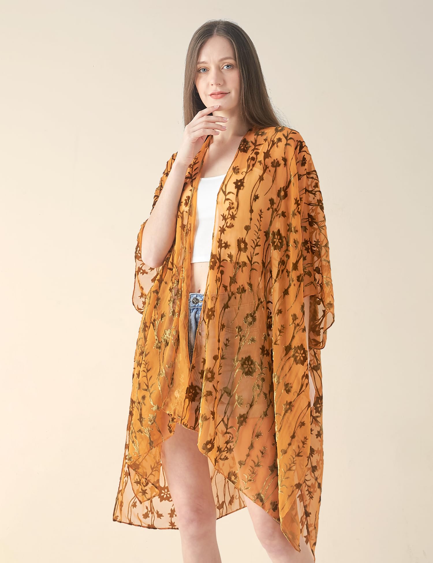 Women's Burnout Velvet Kimono Long Cardigan Cover Up Casual Outfit