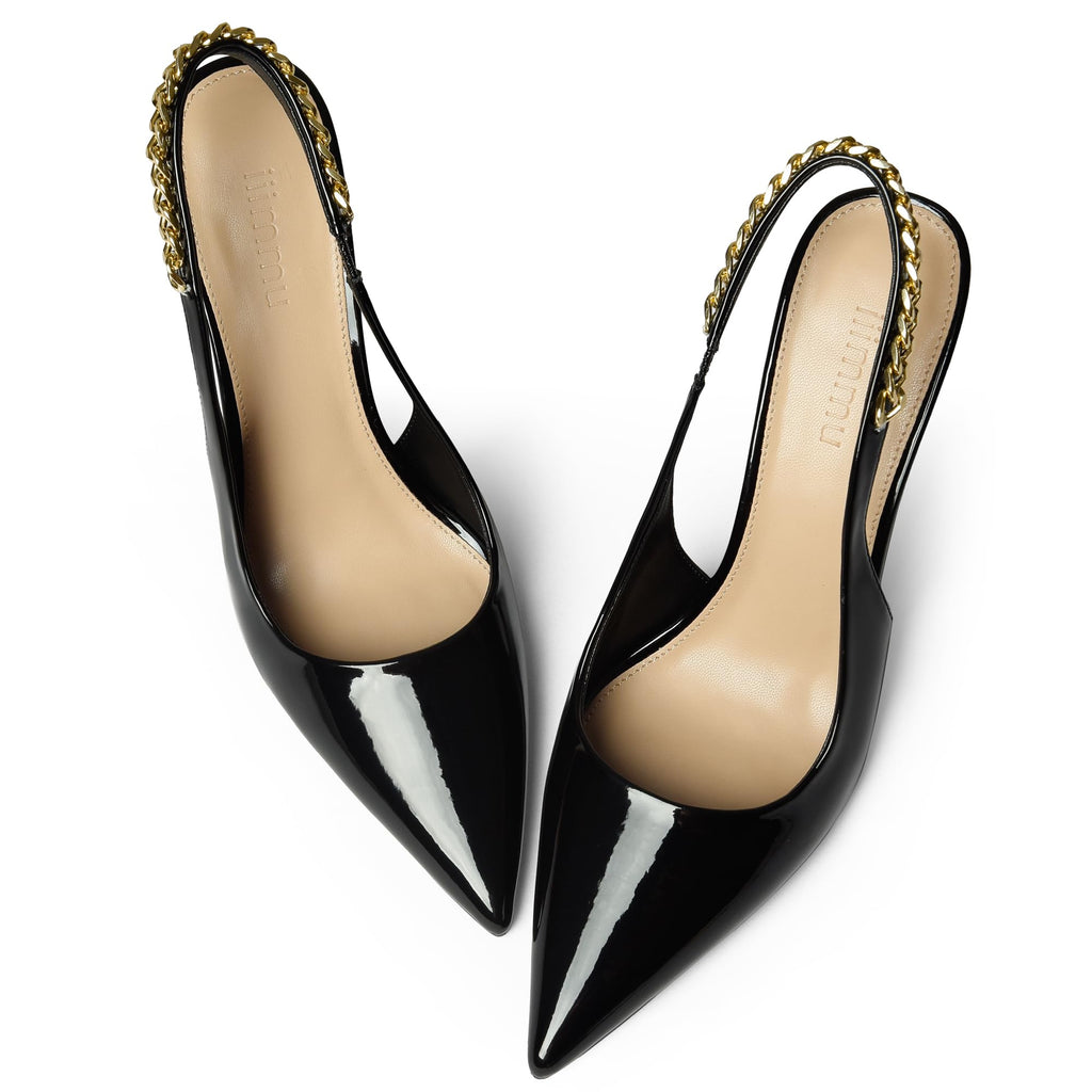 iiimmu Women's Stiletto Heels Closed Pointed Toe 4 in Heels for Women Patent Leather Pumps with Chain Wedding Party Dress Prom Heels Slingback Pumps