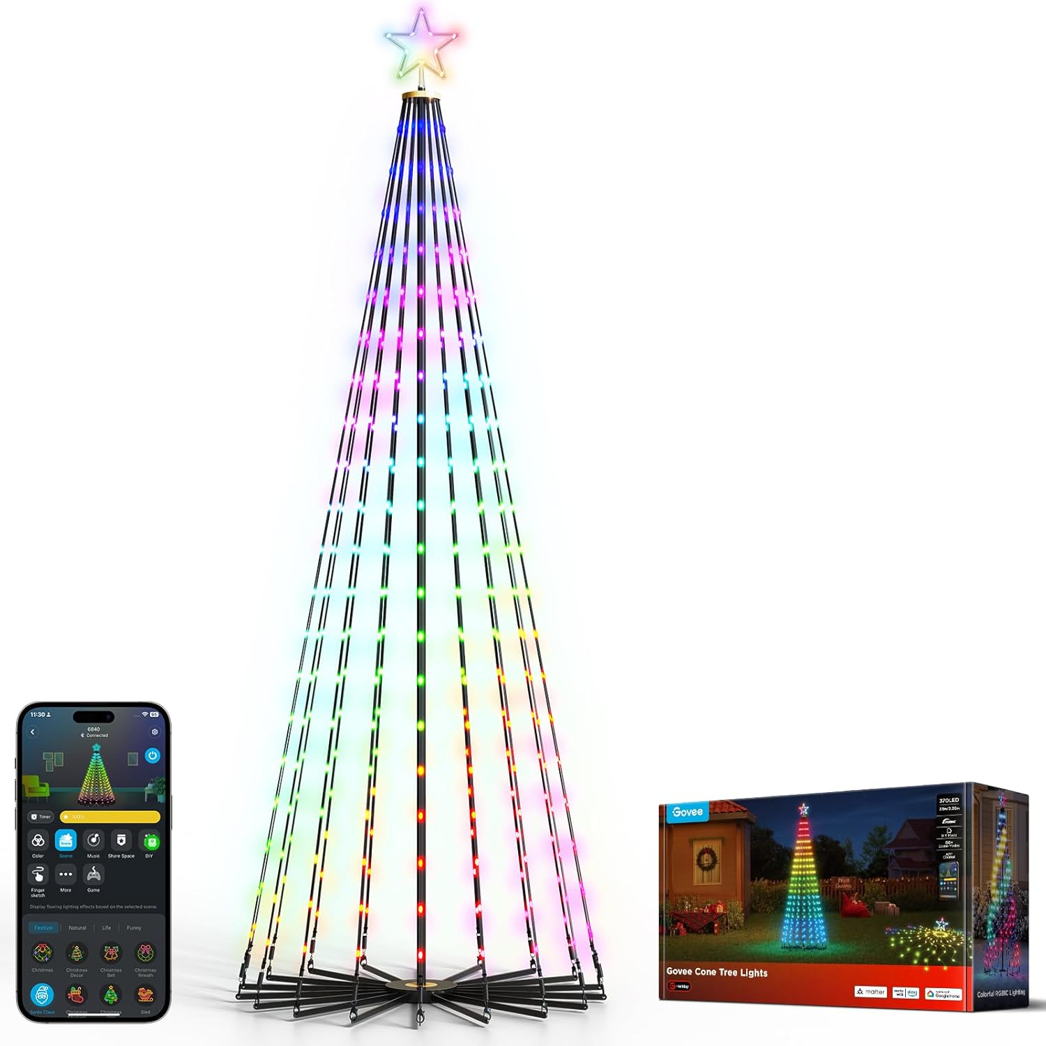 Govee Christmas Cone Tree Lights, 6ft 316 LEDs RGBIC Christmas Tree Lights with Smart App Control, IP67 Waterproof Outdoor String Lights for Xmas Decorations, 82+ Scene Modes, Music Sync, Black Stand