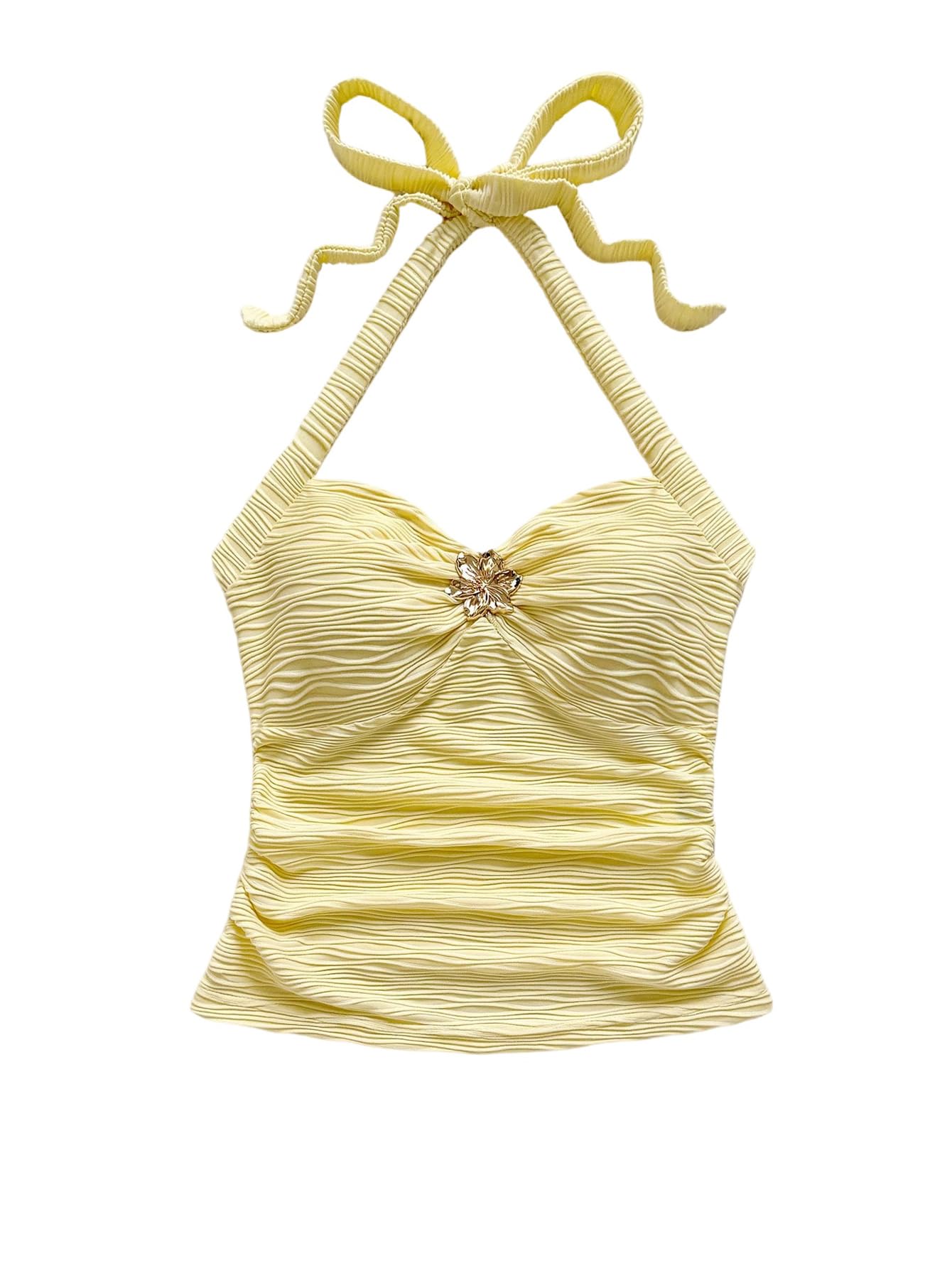 SOLY HUX Women's V Neck Halter Tops Open Back Y2k Ruched Floral Metal Summer Going Out Cami Tops