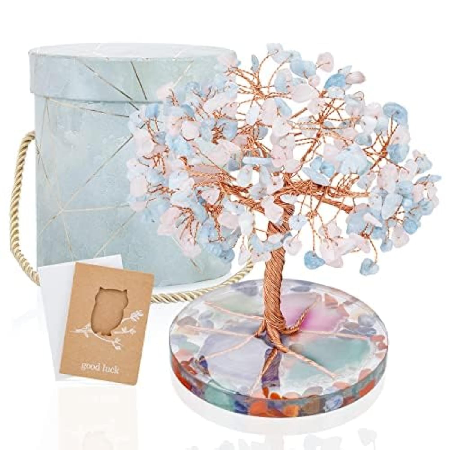 ZenBless 7 Chakra Healing Crystals Stones Tree, Amethyst, Pink Crystal, Aquamarine Leaf Wire Wrapped on Natural Agate Slice Base, Home Office Desk Living Room Feng Shui Decoration for Luck