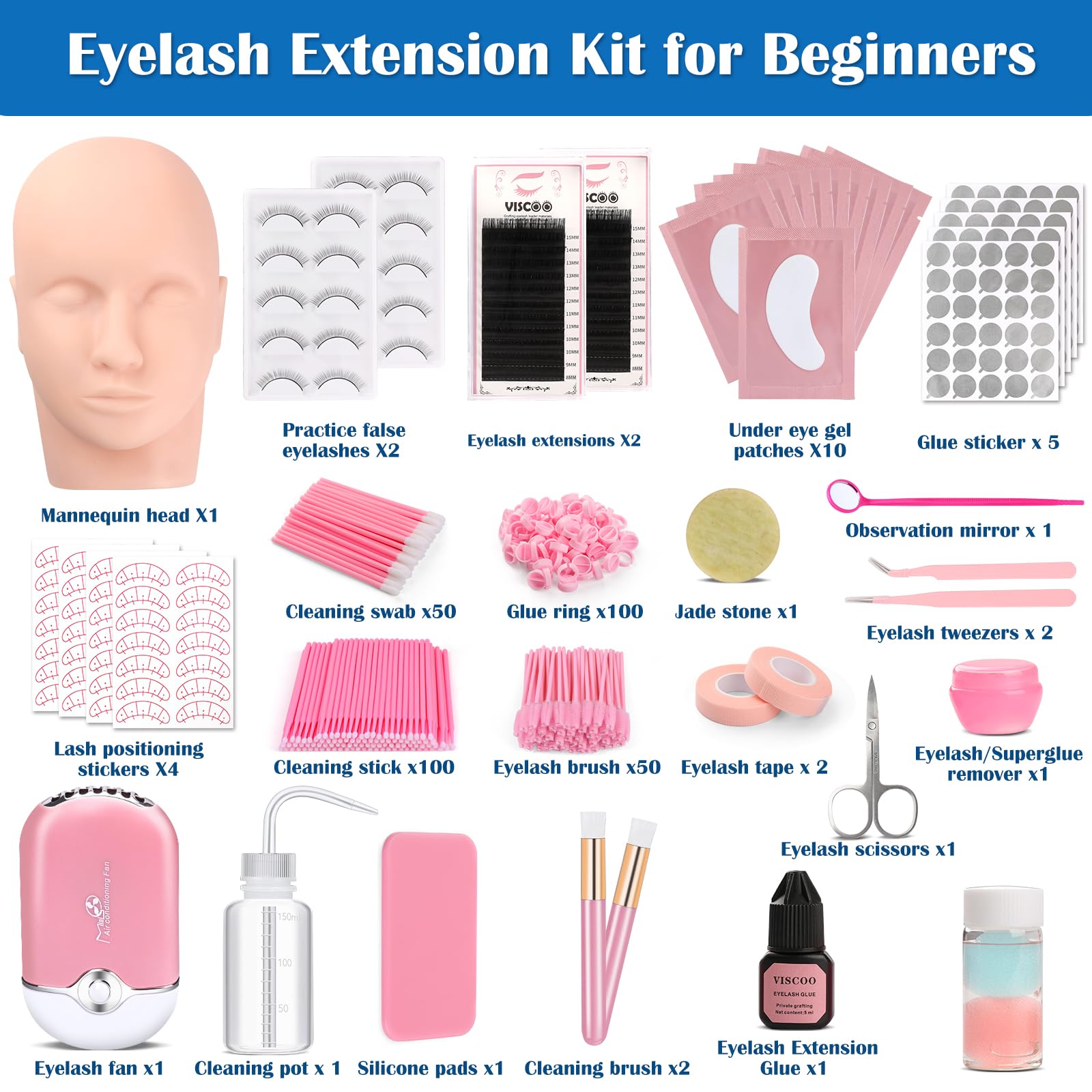 Eyelash Extension Kit for Beginners, Professional Lash Extension Kit with Mannequin Head, Lash Starter Kit with Lash Fan, Lash Extension Supplies for Practice Training Kit