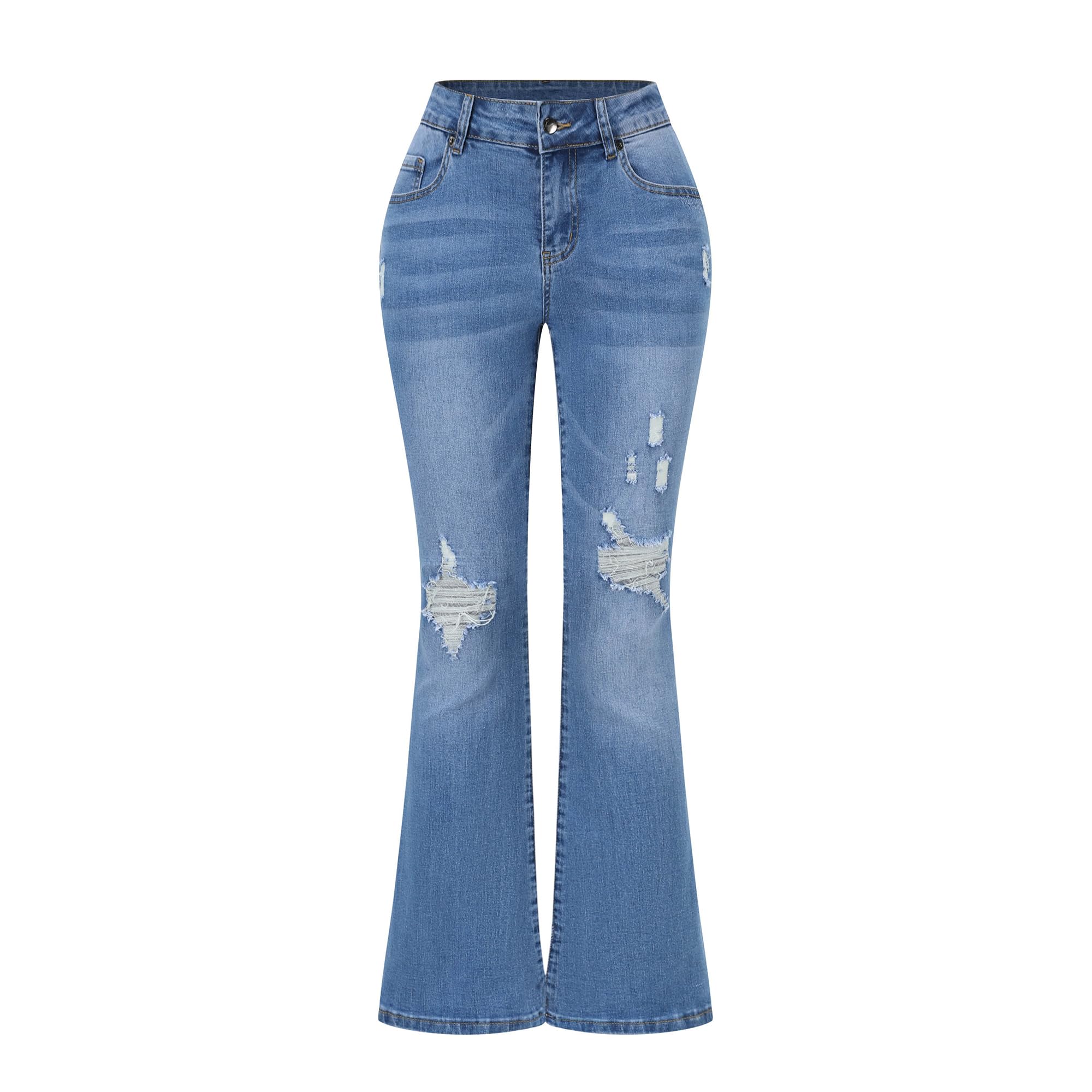 THUNDER STAR Womens Stretchy Mid Rise Flare Jeans Distressed Denim Bell Bottom Pants