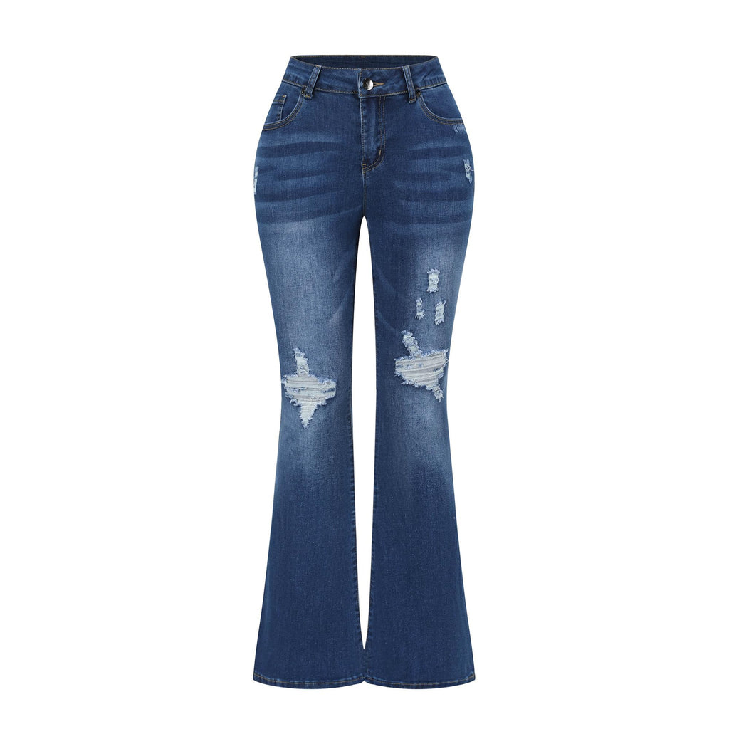 THUNDER STAR Womens Stretchy Mid Rise Flare Jeans Distressed Denim Bell Bottom Pants