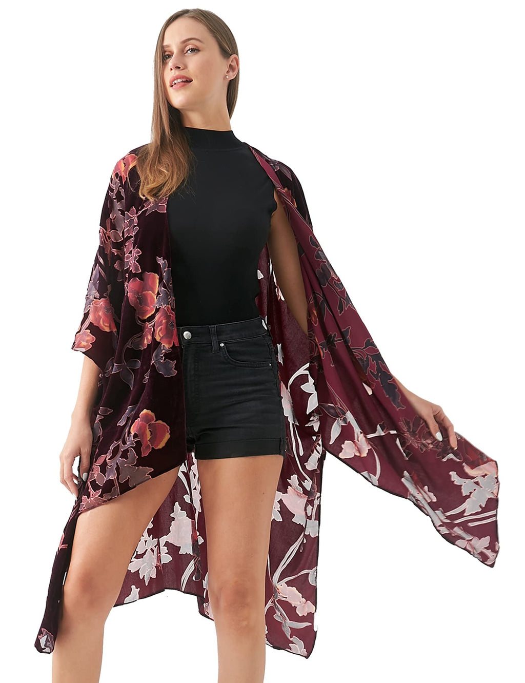 Women's Burnout Velvet Kimono Long Cardigan Cover Up Casual Outfit