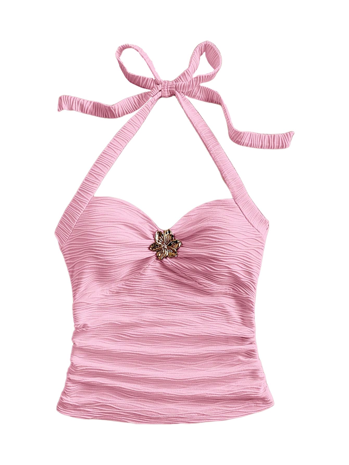 SOLY HUX Women's V Neck Halter Tops Open Back Y2k Ruched Floral Metal Summer Going Out Cami Tops