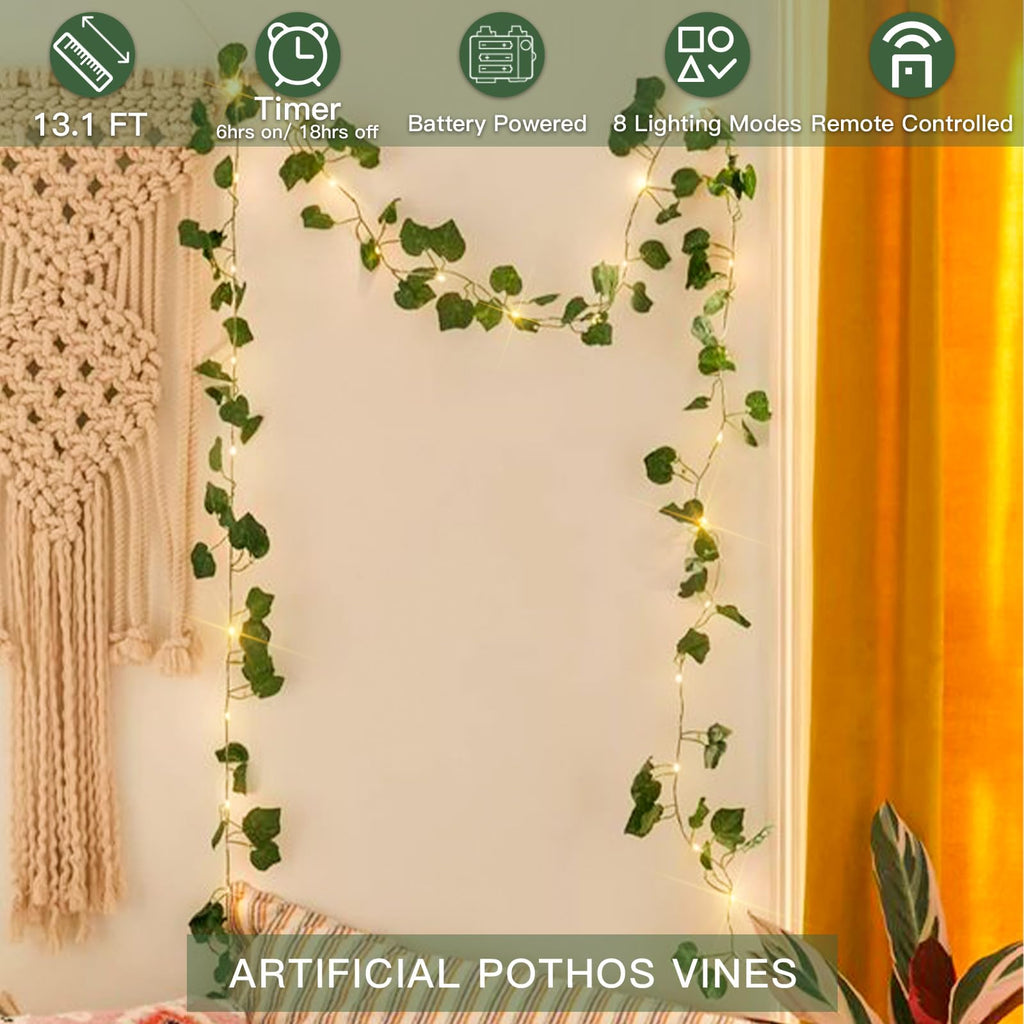 suddus Vine with Fairy Lights Battery Operated, 33ft 100 LED Maple Leaf String Lights with Remote, Dimmable Fall Garland with Lights for Bedroom Wall Indoor Outdoor Thanksgiving Decor (Warm White)