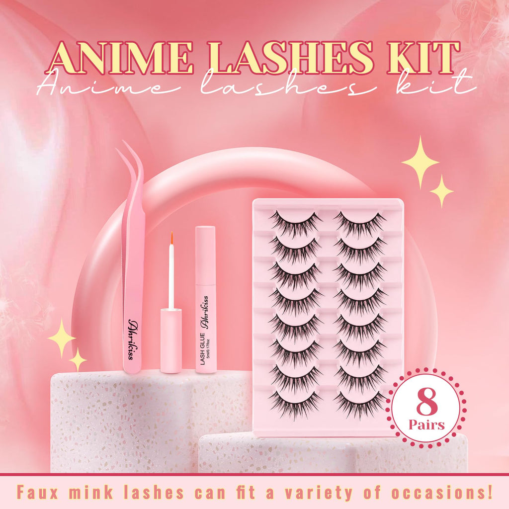 Ahrikiss Lashes Wispy False Eyelashes Natural Look Cat Eye Lashes 8 Pairs Faux Mink Lashes Lightweight Eyelashes Kit with Lash Glue and Lash Tweezers Soft Fake Lashes (Ethereal)