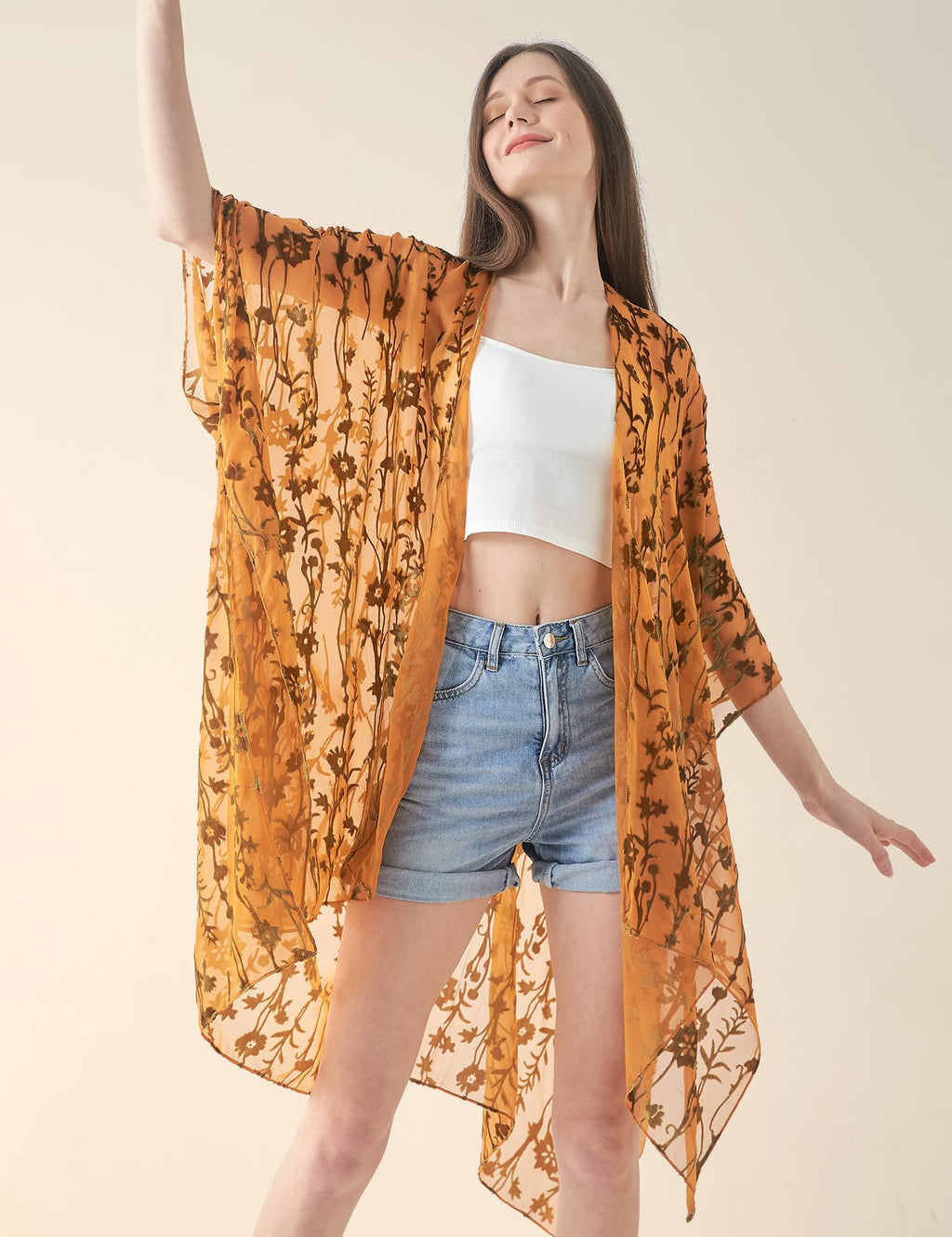 Women's Burnout Velvet Kimono Long Cardigan Cover Up Casual Outfit