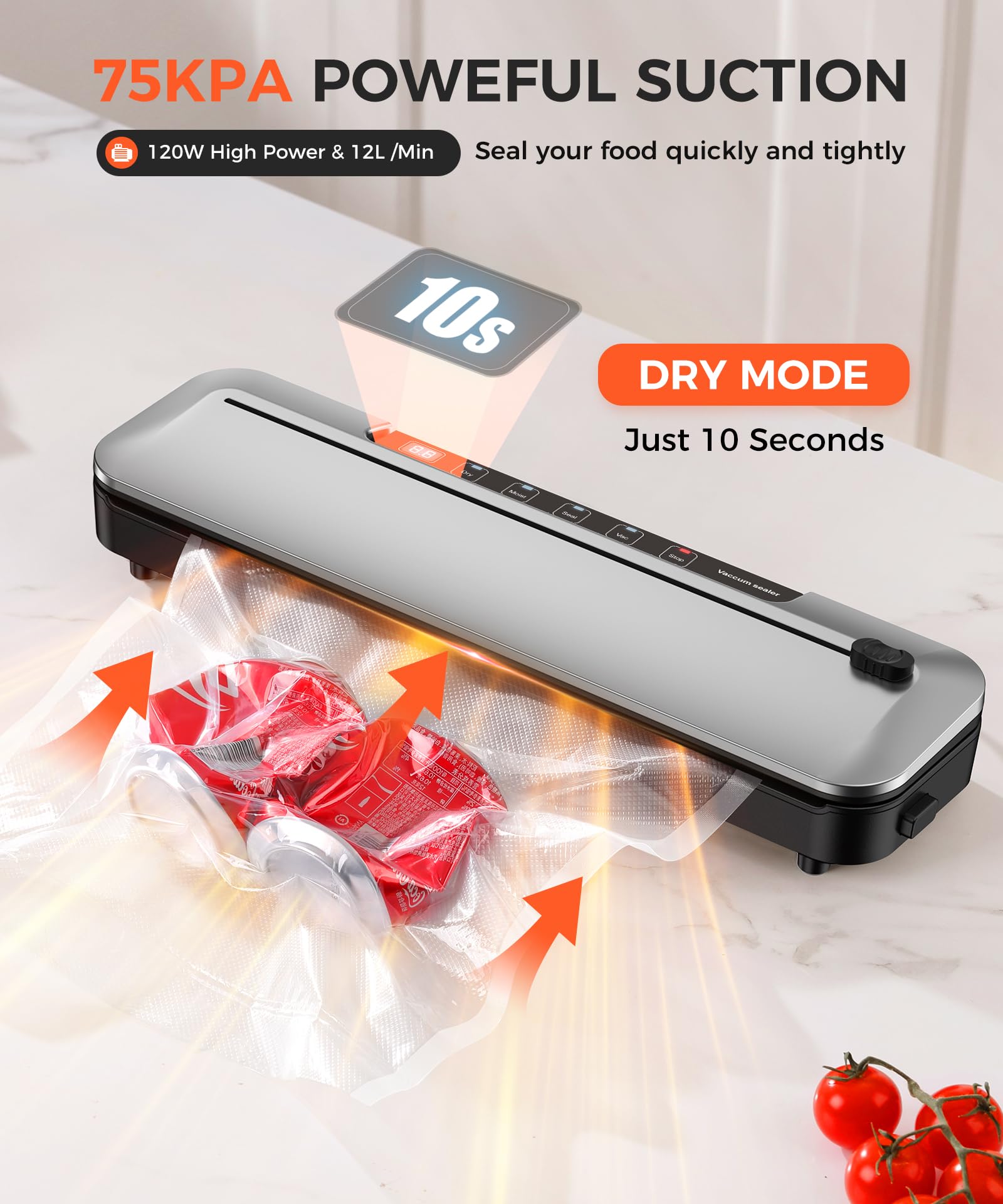 75KPa Food Vacuum Sealer,Light 6-in-1 Dry/Moist Modes with Digital Timer,Ft cu Built-in Cutter, Compact Design, Large Includes 10 Bags (Sliver) 14.8